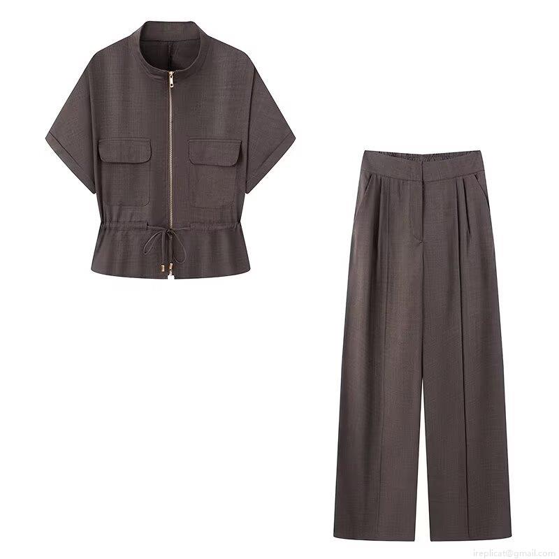 Women 2 Piece Outfits Casual Loose Stand Collar Short Sleeve Zipper Top And High Waist Wide Leg Long Pants Set Solid Color Streetwear Women 2 Piece Outfits Casual Loose Stand Collar Short Sleeve Zipper Top And High Waist Wide Leg Long Pants Set Solid Color Streetwear