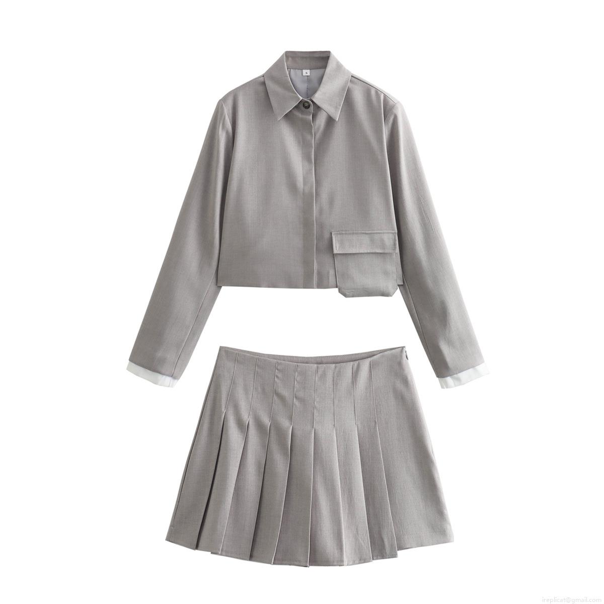 Women's Two Piece Set 100% Polyester Patch Pocket Crop Jacket And Pleated Mini Skirt-Pants Set Casual Streetwear Outfit For Ladies Grey Autumn Spring Women's Two Piece Set 100% Polyester Patch Pocket Crop Jacket And Pleated Mini Skirt-Pants Set Casual Streetwear Outfit For Ladies Grey Autumn Spring