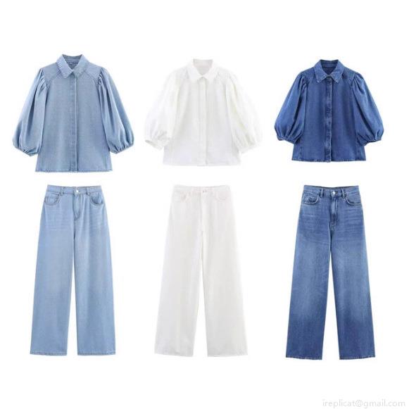Women's Fashion Denim Shirt Puff Sleeve Blouse and High Waist Wide Leg Pants Two Piece Set Casual Streetwear Outfits Cotton Blend Denim Women's Fashion Denim Shirt Puff Sleeve Blouse and High Waist Wide Leg Pants Two Piece Set Casual Streetwear Outfits Cotton Blend Denim
