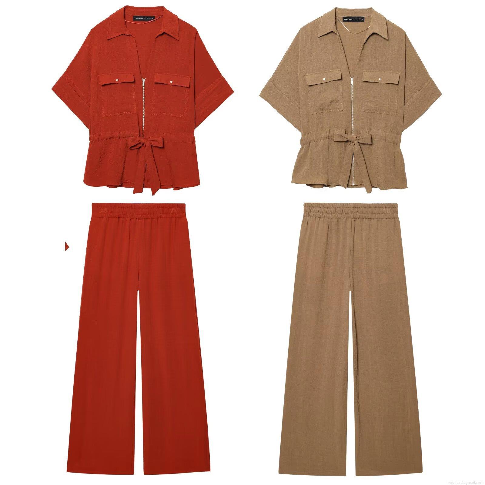 Women's Casual 2 Piece Outfits Cotton Linen Short Sleeve Zipper Shirt And High Waist Wide Leg Pants Set Safari Style Summer Streetwear Suit With Belt Women's Casual 2 Piece Outfits Cotton Linen Short Sleeve Zipper Shirt And High Waist Wide Leg Pants Set Safari Style Summer Streetwear Suit With Belt