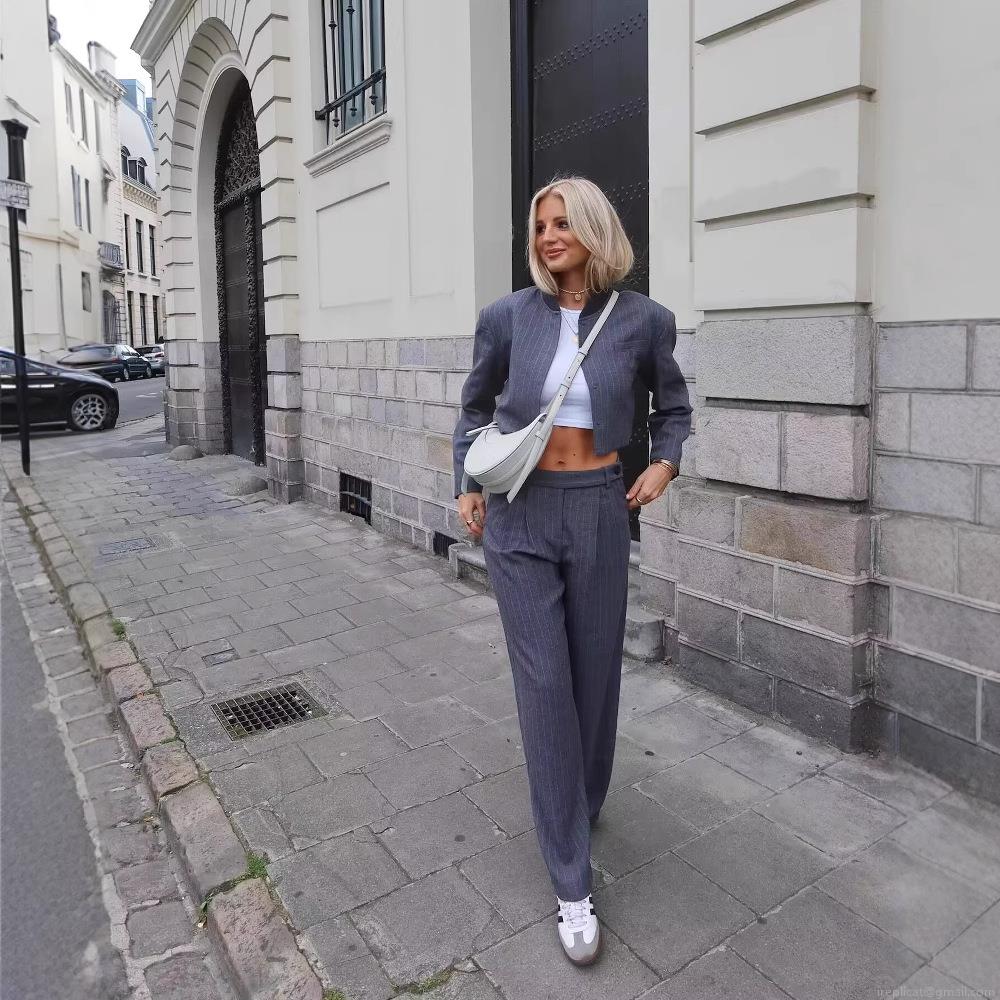 Women's Pinstripe Two Piece Set Cropped Blazer Jacket and High Waist Wide Leg Pants Suit Business Casual Streetwear Outfits Women's Pinstripe Two Piece Set Cropped Blazer Jacket and High Waist Wide Leg Pants Suit Business Casual Streetwear Outfits