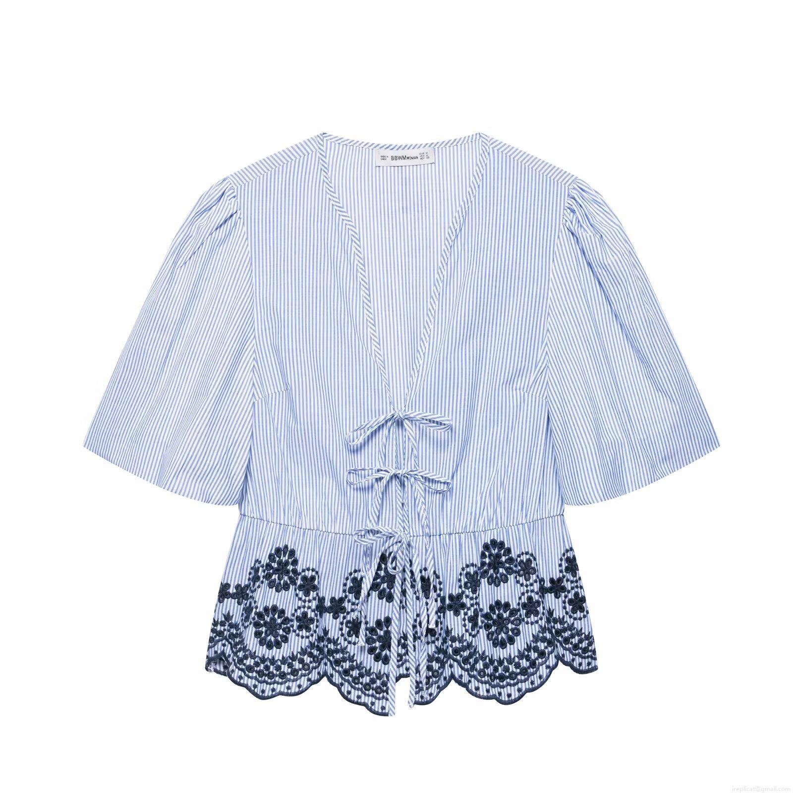 Women's Striped Embroidery Two Piece Set Polyester Tie Front Puff Sleeve Top and Wide Leg Pants Summer Casual Beach Vacation Outfits Women's Striped Embroidery Two Piece Set Polyester Tie Front Puff Sleeve Top and Wide Leg Pants Summer Casual Beach Vacation Outfits