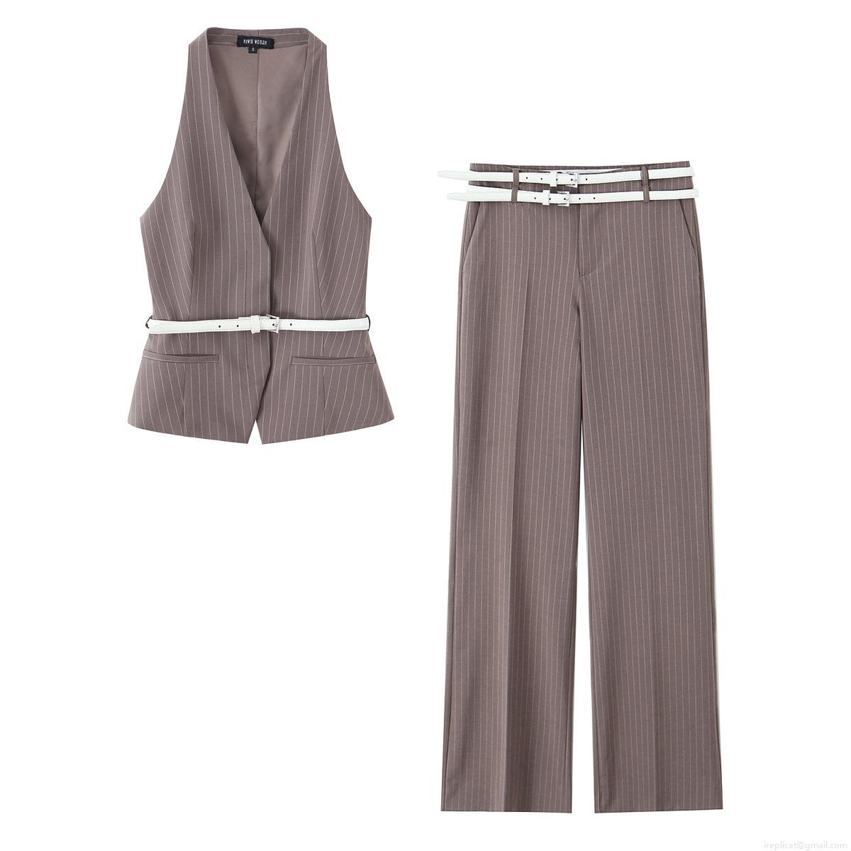 Women's 2 Piece Striped Suit Set V Neck Sleeveless Vest Gilet And High Waist Wide Leg Trousers With Double Belt Casual Office Streetwear Outfits Women's 2 Piece Striped Suit Set V Neck Sleeveless Vest Gilet And High Waist Wide Leg Trousers With Double Belt Casual Office Streetwear Outfits