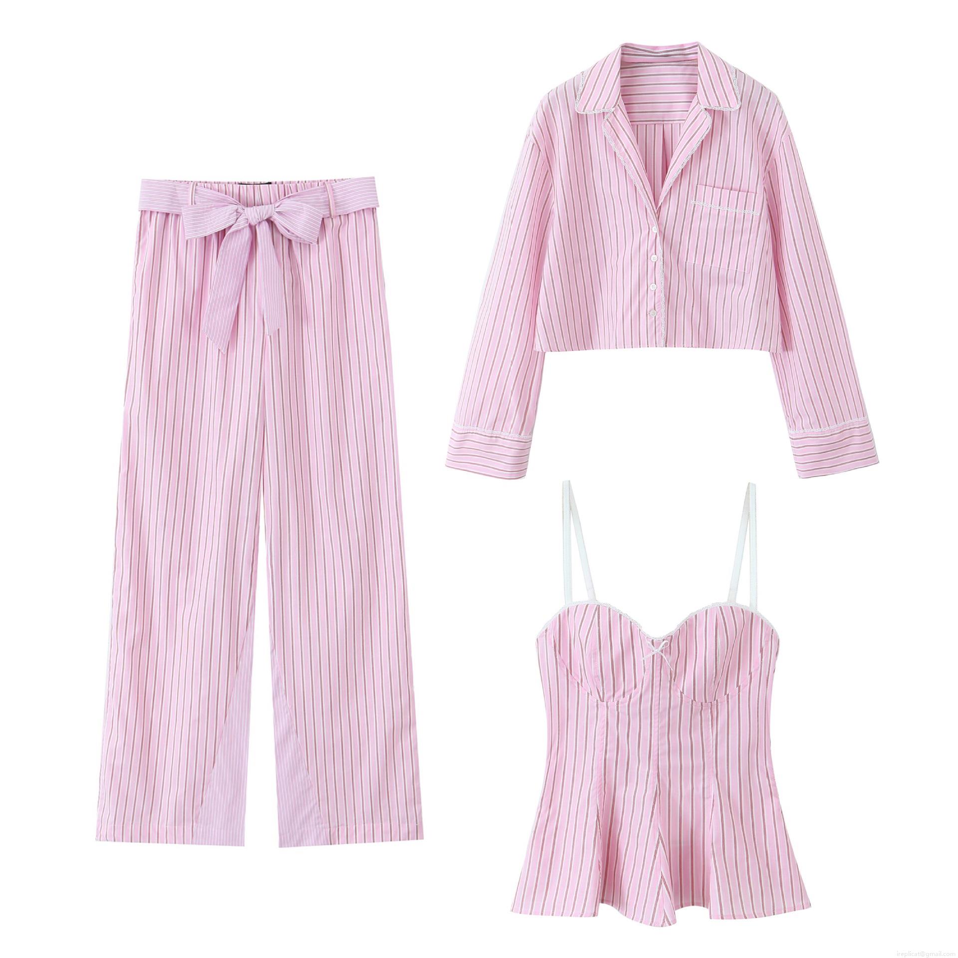 Women's Pink and White Striped 3 Piece Set Lace Trim Long Sleeve Button Up Shirt Camisole Crop Top and Wide Leg Bow Trousers Casual Loungewear Outfit Women's Pink and White Striped 3 Piece Set Lace Trim Long Sleeve Button Up Shirt Camisole Crop Top and Wide Leg Bow Trousers Casual Loungewear Outfit