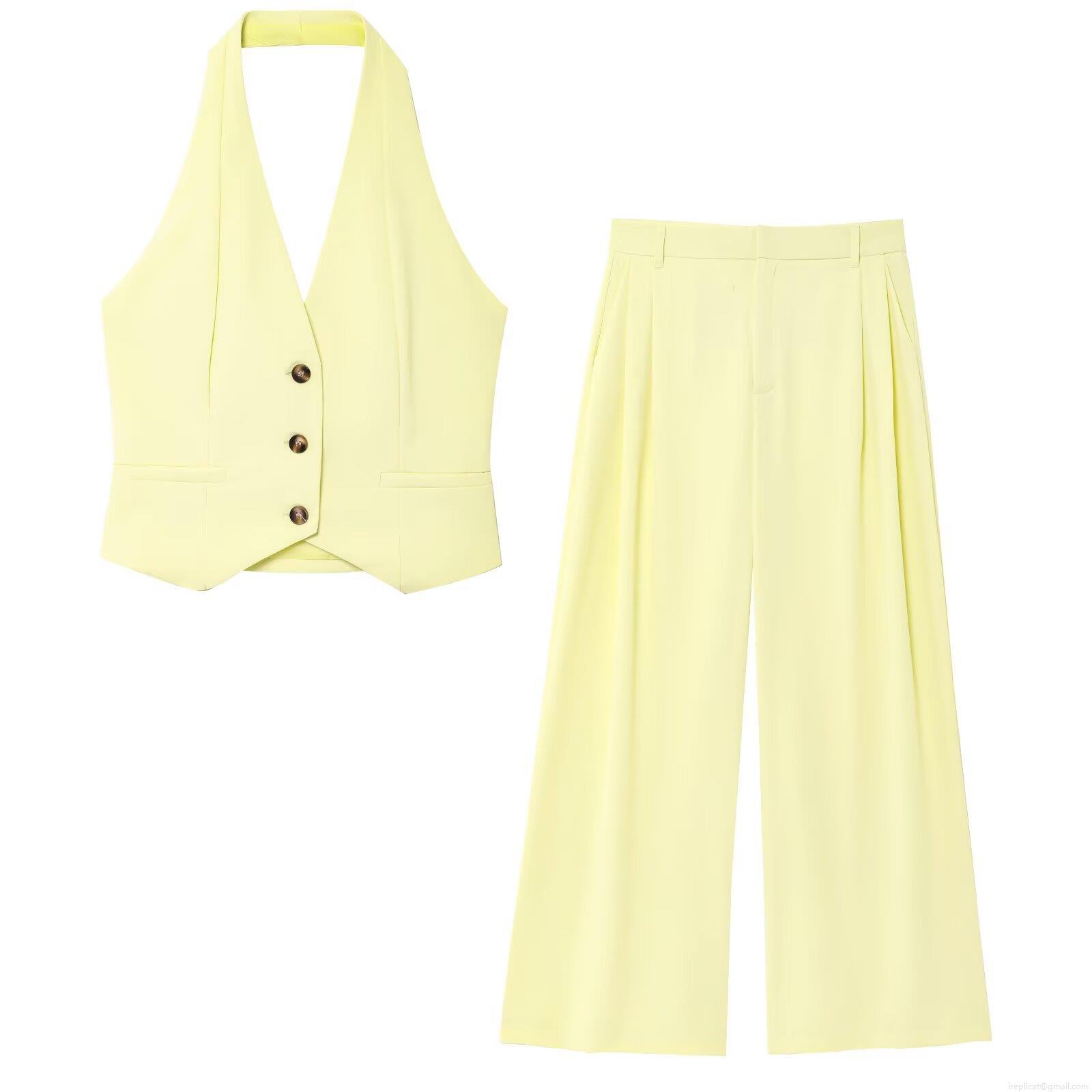 Women's Summer Two Piece Set Halter Neck Single Breasted Vest Top and High Waist Wide Leg Pleated Pants Suit Chic Pale Yellow Streetwear Outfits Women's Summer Two Piece Set Halter Neck Single Breasted Vest Top and High Waist Wide Leg Pleated Pants Suit Chic Pale Yellow Streetwear Outfits