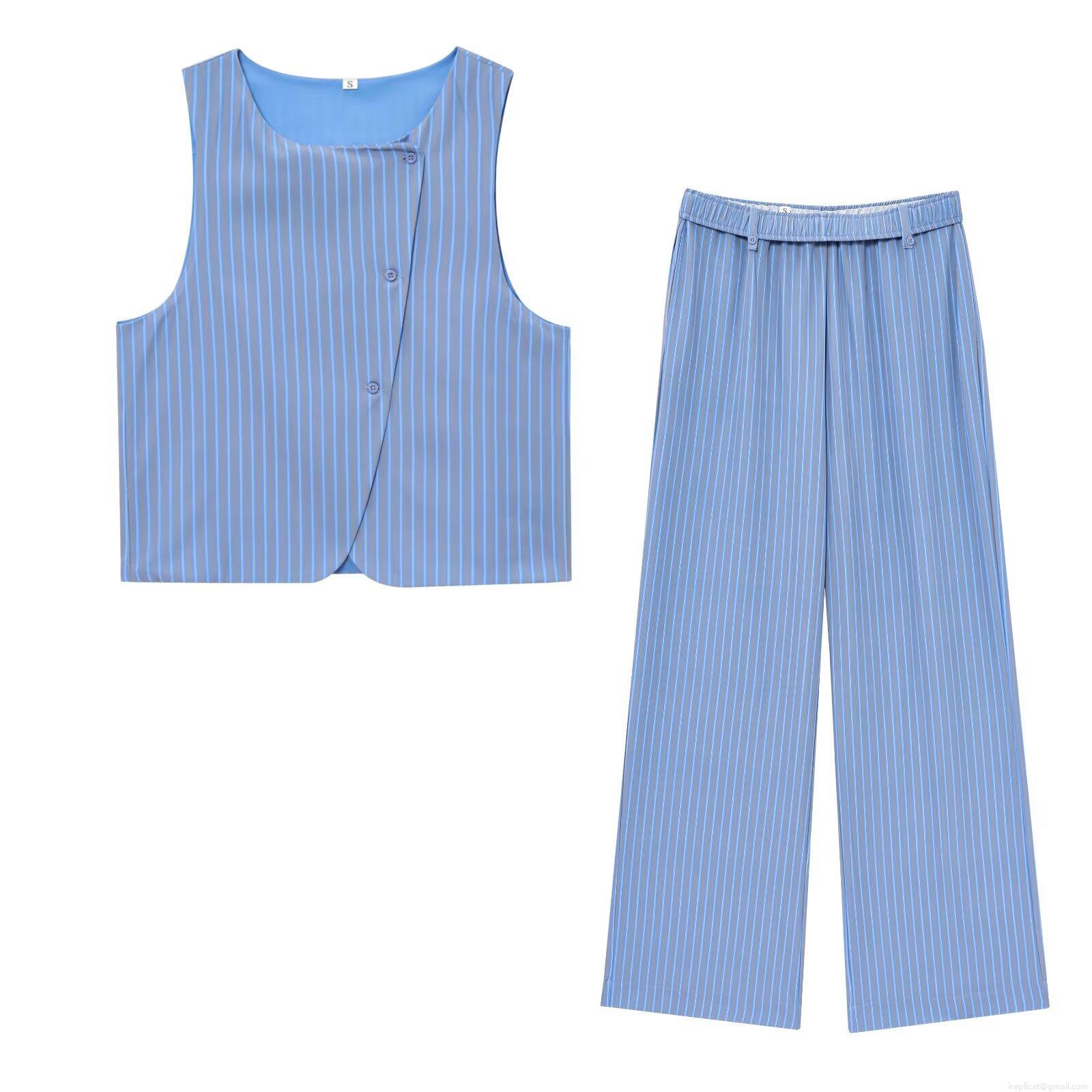 Women's Casual Striped 2 Piece Pant Set Sleeveless Asymmetric Cross Neck Crop Top And High Waisted Wide Leg Pants Polyester Blend Summer Outfits Women's Casual Striped 2 Piece Pant Set Sleeveless Asymmetric Cross Neck Crop Top And High Waisted Wide Leg Pants Polyester Blend Summer Outfits