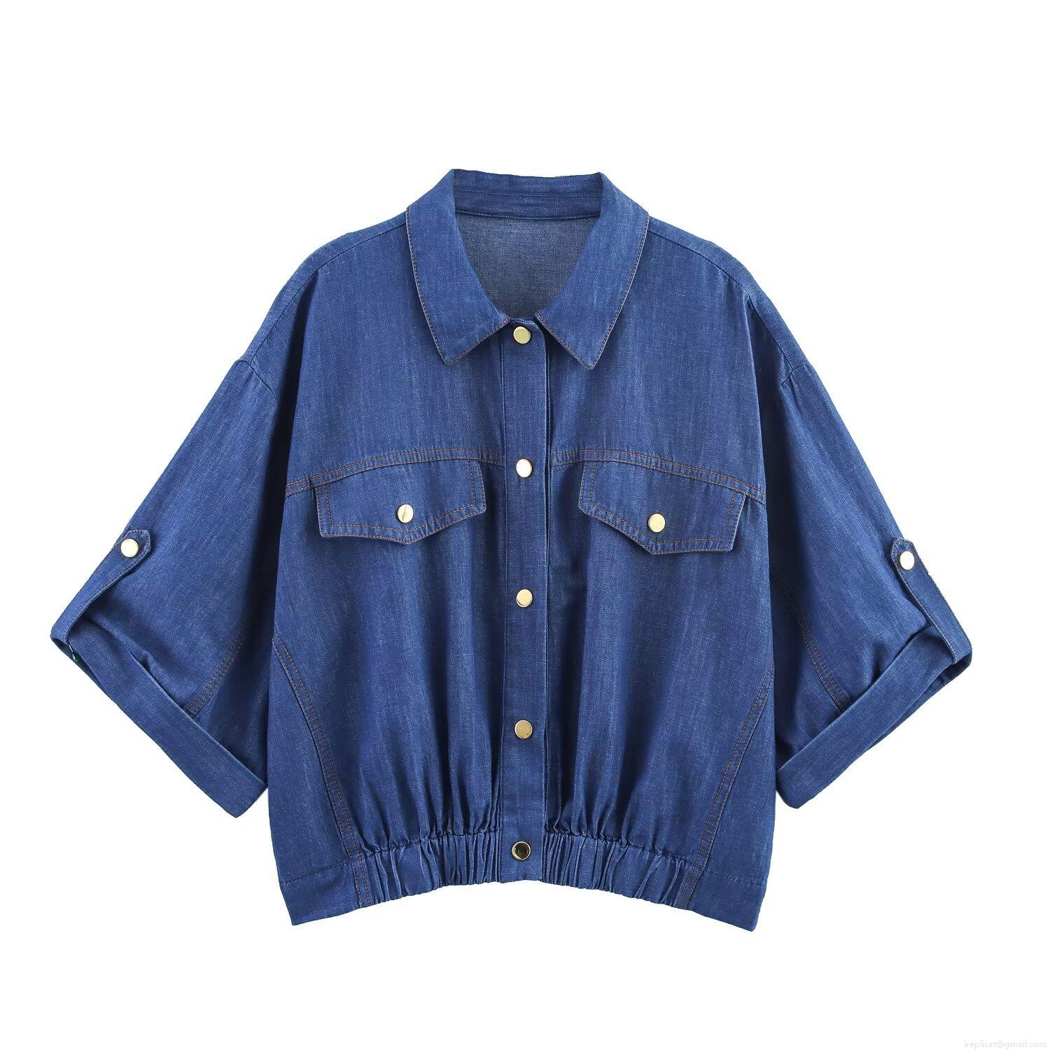 Women\'s Denim Short Sleeve Jacket And Joggers Set Two Piece Casual Streetwear Tracksuit With Drawstring Pockets Dark Blue Polyester Blend Clothing