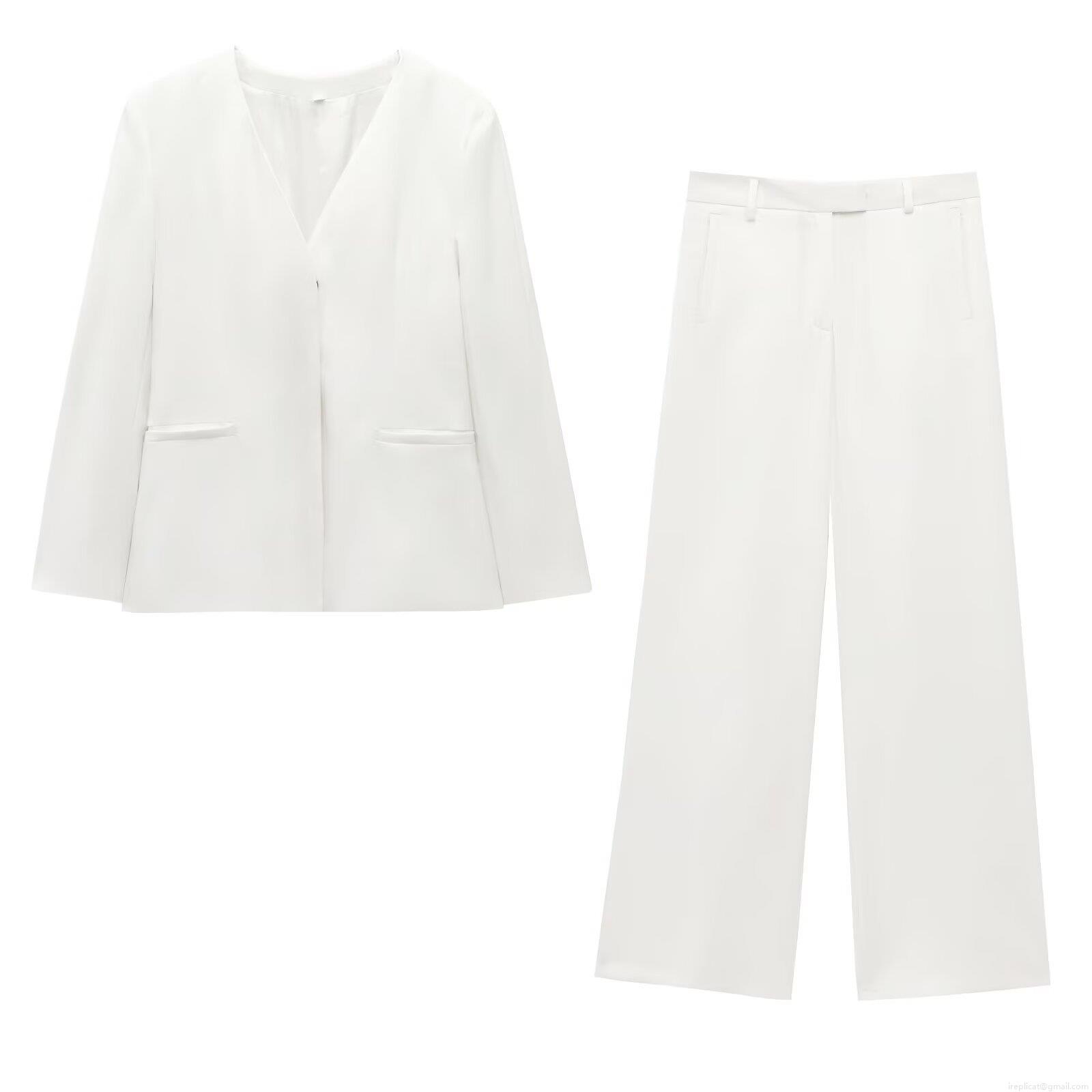 Elegant Solid White Women's Blazer Jacket And High Waist Straight Wide Leg Pants Set Professional Office Business Casual Suit Outfits With Gold Buttons Polyester Formal Trousers Set