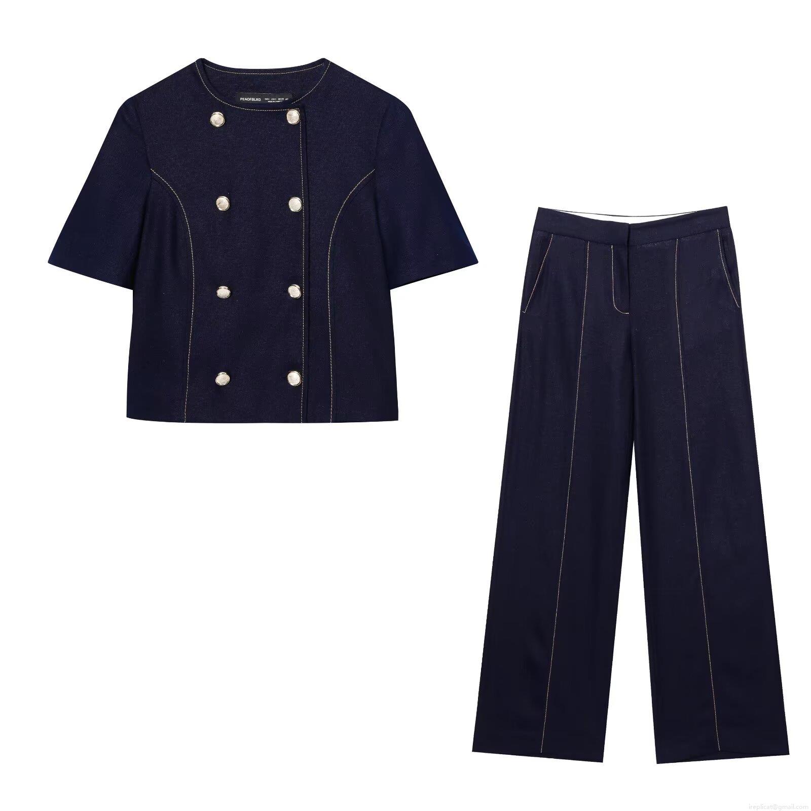 Women's Cotton Linen Short Sleeve Double Breasted Blazer or Straight Leg Pants Two Piece Set Fashion Contrast Stitching Casual Suit for Commute Office Women's Cotton Linen Short Sleeve Double Breasted Blazer or Straight Leg Pants Two Piece Set Fashion Contrast Stitching Casual Suit for Commute Office