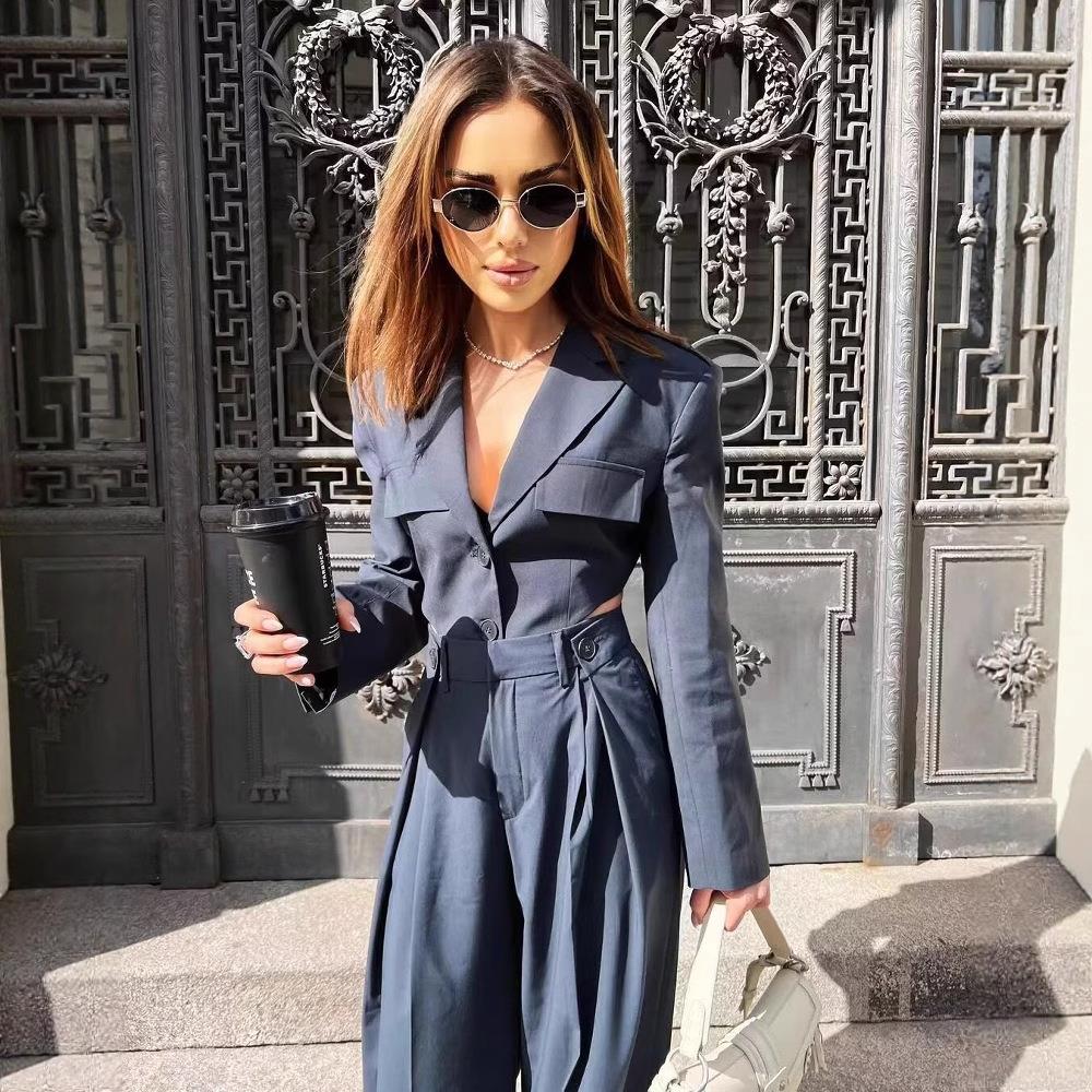 Women's 100% Polyester Two Piece Pants Set Sexy Cutout Waist Short Blazer Top With High Waist Wide Leg Trousers Street Fashion Party Streetwear Suits For Women Women's 100% Polyester Two Piece Pants Set Sexy Cutout Waist Short Blazer Top With High Waist Wide Leg Trousers Street Fashion Party Streetwear Suits For Women