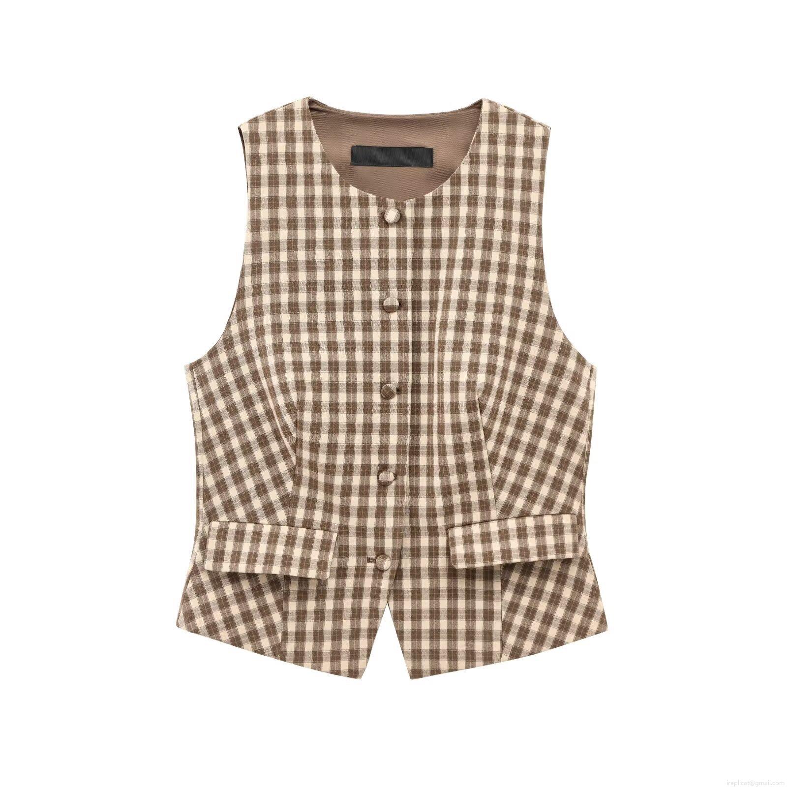 Women Retro Brown Plaid 2 Piece Set Sleeveless Slim Fit V Neck Vest And Pleated Mini Skirt Pants Cotton Blend Casual Streetwear Outfit For Women
