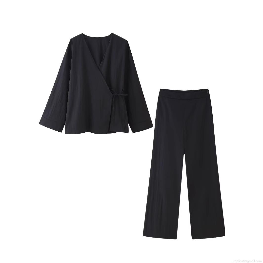 Women\'s Casual 2 Piece Lounge Set Solid Color Textured V Neck Wrap Tie Long Sleeve Top and High Waist Wide Leg Pants Streetwear Outfit Women\'s Casual 2 Piece Lounge Set Solid Color Textured V Neck Wrap Tie Long Sleeve Top and High Waist Wide Leg Pants Streetwear Outfit