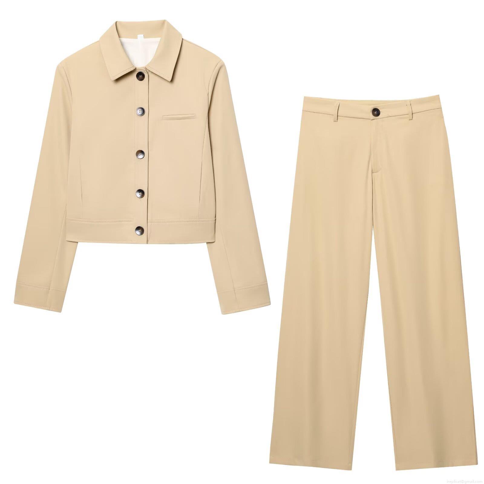 Women's Streetwear Khaki Cropped Jacket With Shoulder Pads And High Waist Straight Leg Pants Casual Two Piece Set Polyester Solid Color Office Suit For Ladies Women's Streetwear Khaki Cropped Jacket With Shoulder Pads And High Waist Straight Leg Pants Casual Two Piece Set Polyester Solid Color Office Suit For Ladies
