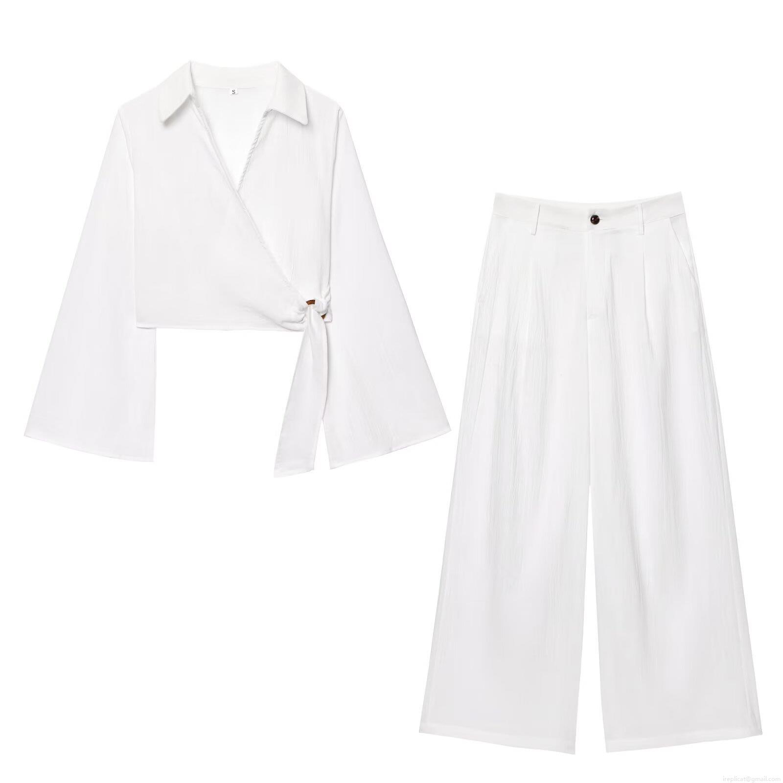 Women's Sexy Two Piece Set V Neck Tie Front Wrap Crop Top And High Waisted Wide Leg Pants Elegant Vacation Outfits Solid Color Long Flare Sleeve Streetwear Suit Women's Sexy Two Piece Set V Neck Tie Front Wrap Crop Top And High Waisted Wide Leg Pants Elegant Vacation Outfits Solid Color Long Flare Sleeve Streetwear Suit