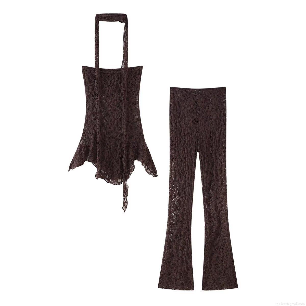 Women's Sexy Lace Two Piece Pants Set Halter Hollow Out Crop Top And High Waisted Flare Trousers Coffee Brown Solid Color Outfits For Party Club Streetwear Women's Sexy Lace Two Piece Pants Set Halter Hollow Out Crop Top And High Waisted Flare Trousers Coffee Brown Solid Color Outfits For Party Club Streetwear
