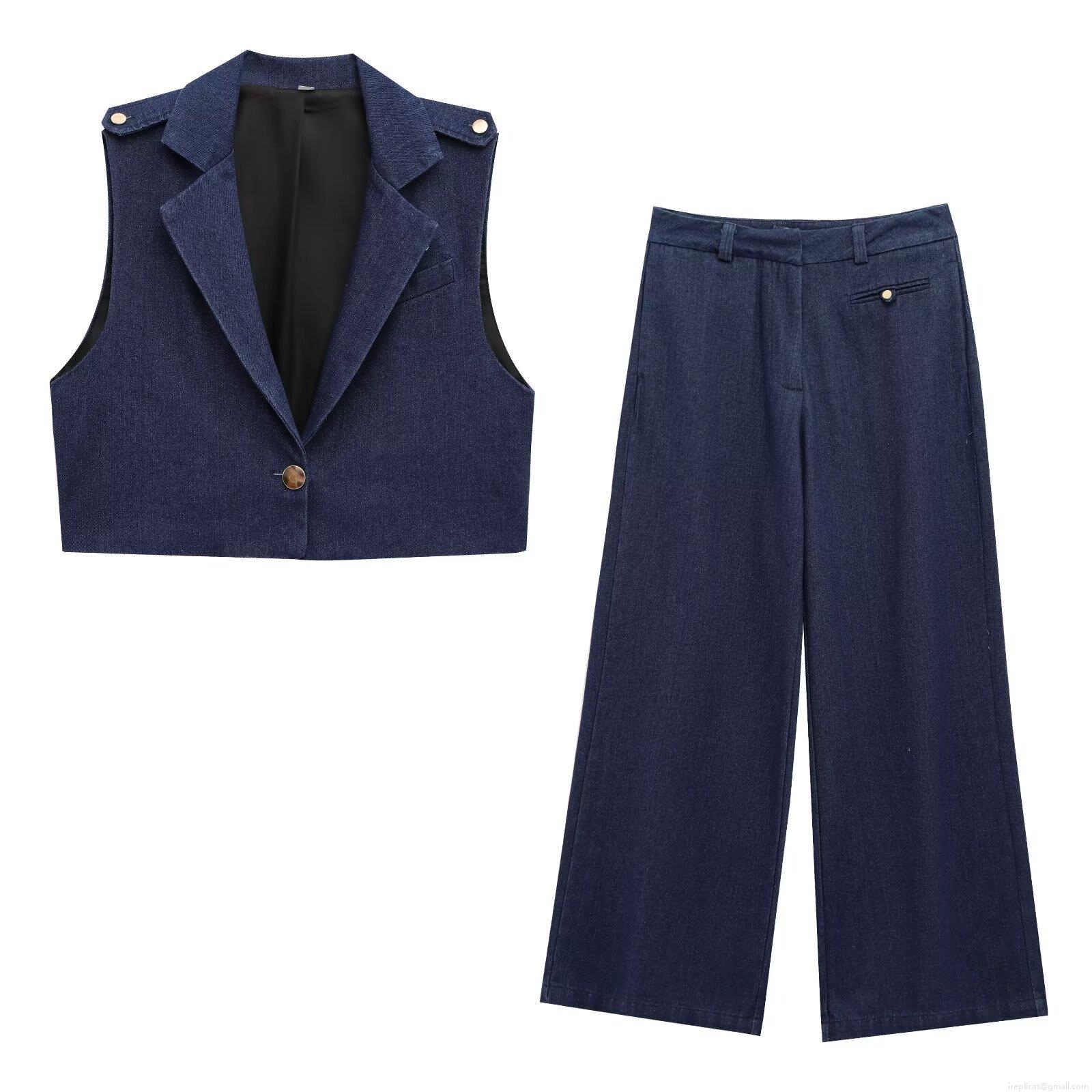 Women's Two Piece Denim Set Dark Blue Sleeveless Short Vest Waistcoat and High Waist Wide Leg Long Pants Set Casual Streetwear Trousers Outfit Women's Two Piece Denim Set Dark Blue Sleeveless Short Vest Waistcoat and High Waist Wide Leg Long Pants Set Casual Streetwear Trousers Outfit