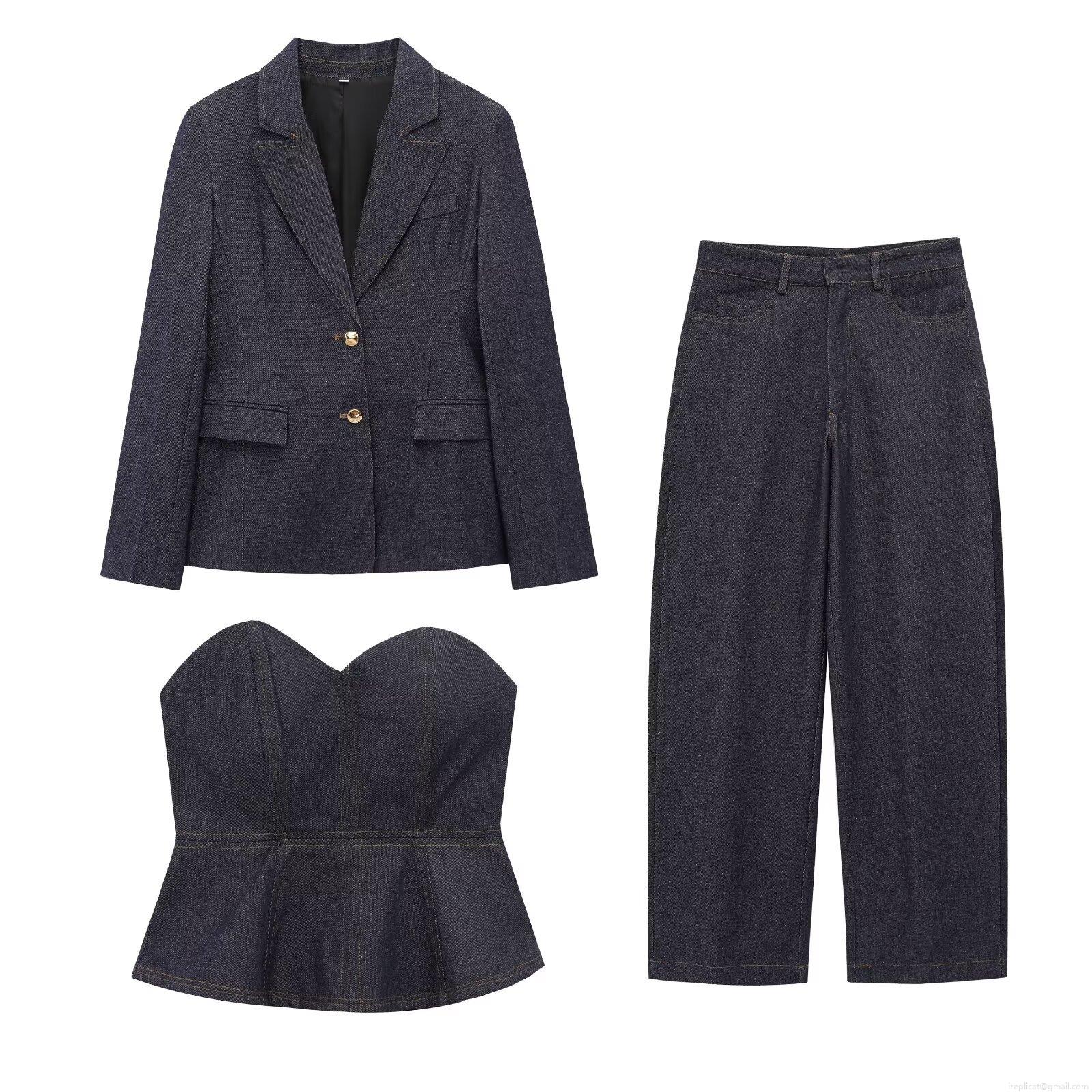Women's 3-Piece Dark Blue Denim Set Includes Blazer Jacket Bustier Corset Top And High Waist Wide Leg Pants Streetwear Chic Casual Outfit For Women Women's 3-Piece Dark Blue Denim Set Includes Blazer Jacket Bustier Corset Top And High Waist Wide Leg Pants Streetwear Chic Casual Outfit For Women