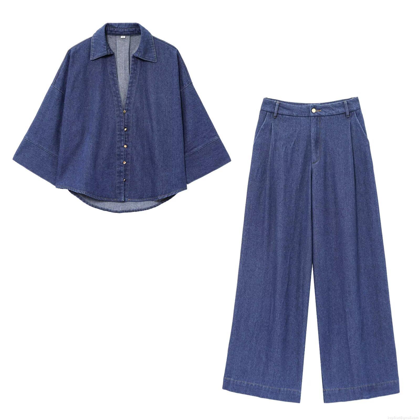 Women Western Fashion Denim Set Lapel Wide Sleeve Shirt And High Waist Wide Leg Pants Casual Streetwear Cotton Blend Denim Two Piece Suit Women Western Fashion Denim Set Lapel Wide Sleeve Shirt And High Waist Wide Leg Pants Casual Streetwear Cotton Blend Denim Two Piece Suit