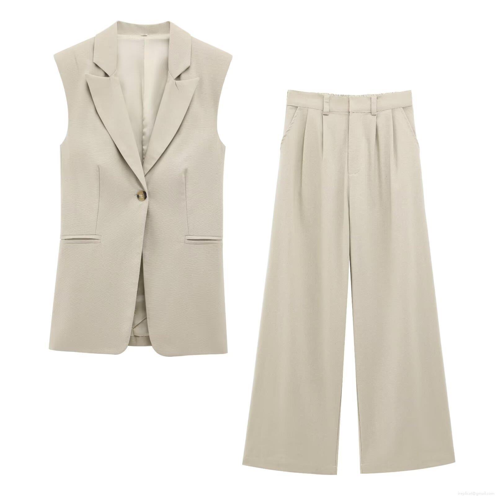 Women's Summer 2 Piece Set Sleeveless Shoulder Pad Lapel Vest Top and High Waist Pleated Wide Leg Pants Office Lady Commute Elegant Solid Beige Suit Women's Summer 2 Piece Set Sleeveless Shoulder Pad Lapel Vest Top and High Waist Pleated Wide Leg Pants Office Lady Commute Elegant Solid Beige Suit