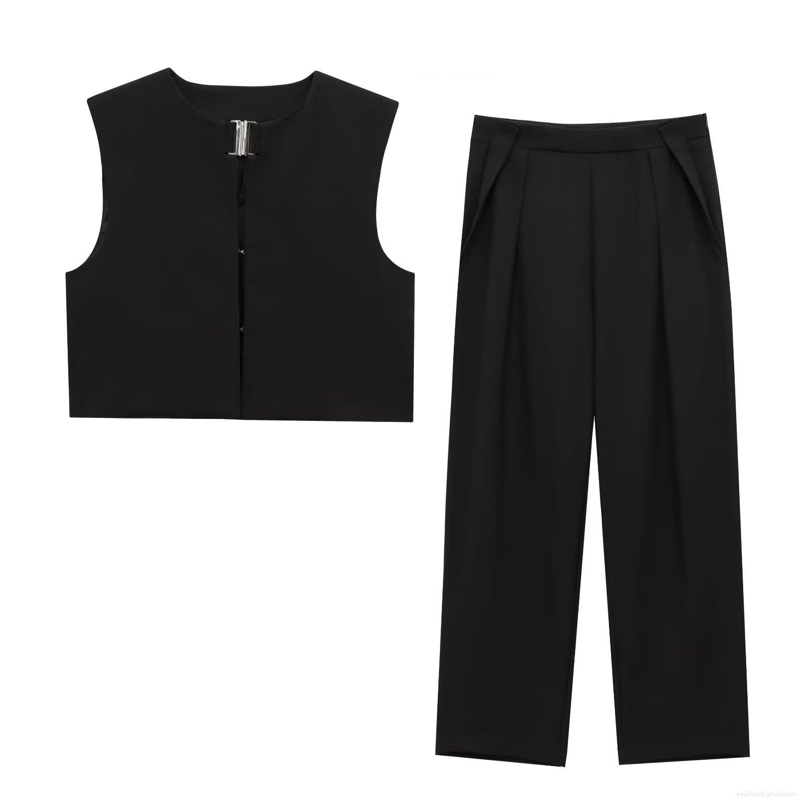 Women's 2 Piece Fashion Set Sleeveless Short Vest Top With Metal Buckle And High Waist Wide Leg Pants Polyester Solid Color Streetwear Casual Suit For Commuting Women's 2 Piece Fashion Set Sleeveless Short Vest Top With Metal Buckle And High Waist Wide Leg Pants Polyester Solid Color Streetwear Casual Suit For Commuting
