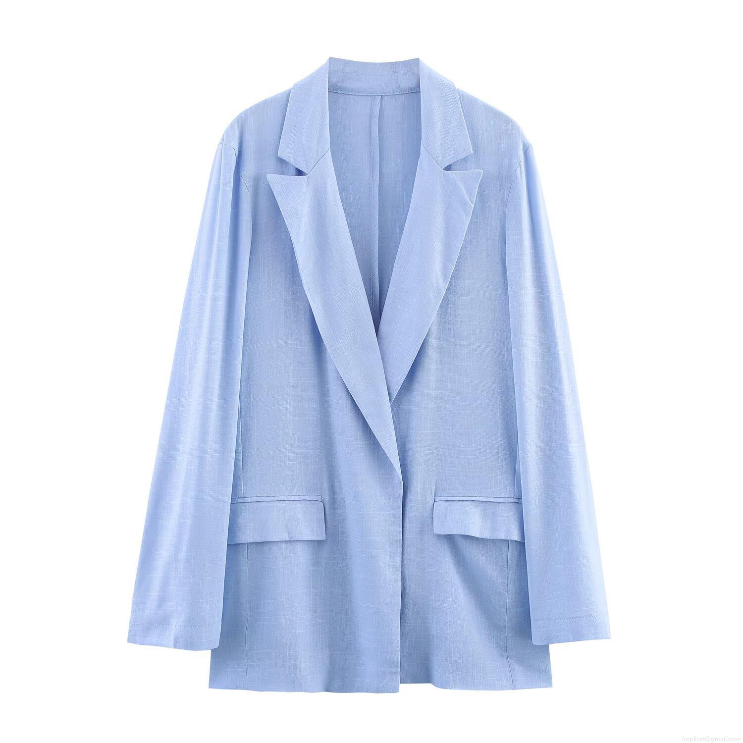 Women's Light Blue Creased Open Front Blazer And Wide Leg Pants Two Piece Set Casual Polyester Linen Texture Long Sleeve Suit For Daily Streetwear Women's Light Blue Creased Open Front Blazer And Wide Leg Pants Two Piece Set Casual Polyester Linen Texture Long Sleeve Suit For Daily Streetwear