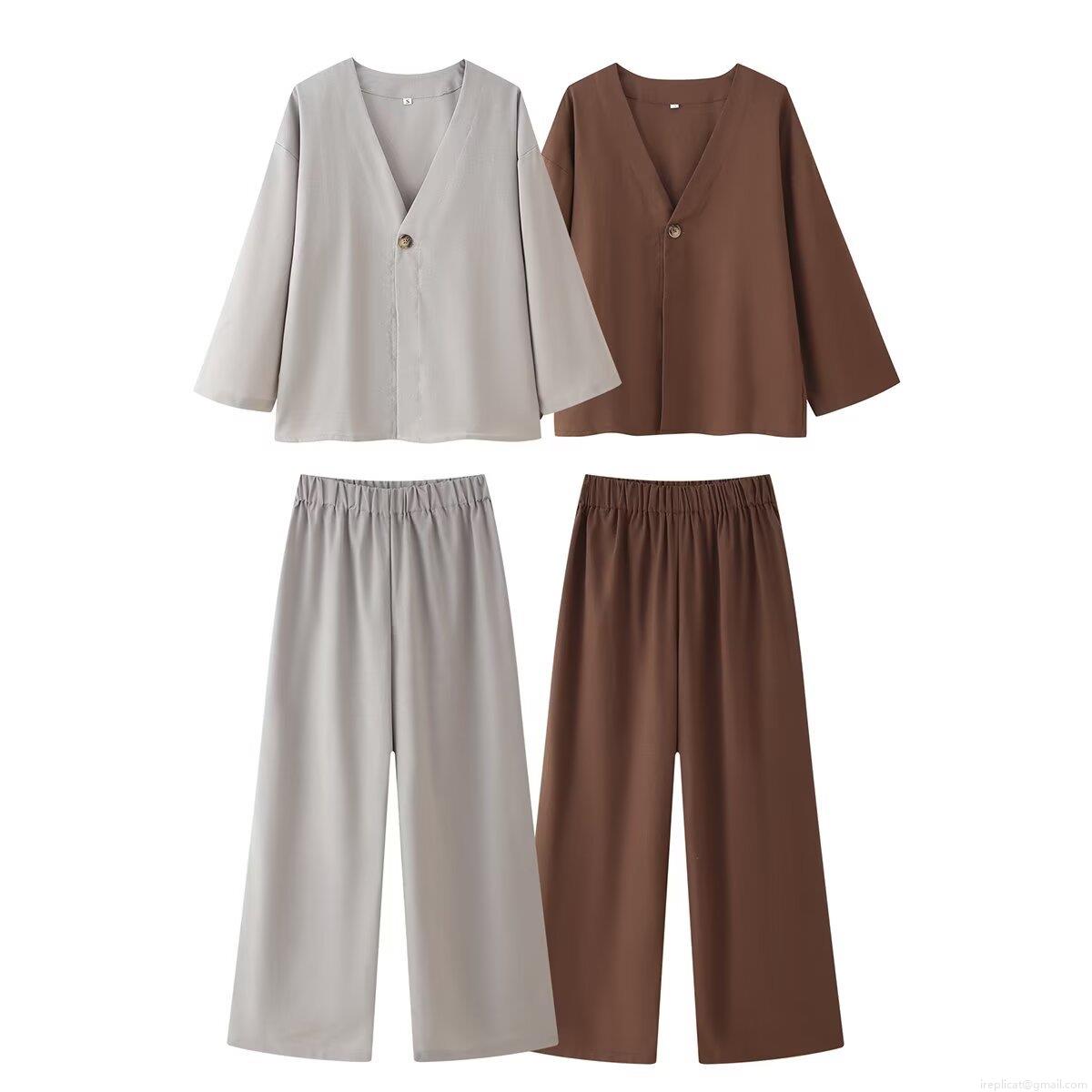 Women's Casual 2 Piece Lounge Set V Neck Long Sleeve Button Up Top And Wide Leg Pants Set Solid Color Soft Polyester Outfits For Daily Streetwear Women's Casual 2 Piece Lounge Set V Neck Long Sleeve Button Up Top And Wide Leg Pants Set Solid Color Soft Polyester Outfits For Daily Streetwear