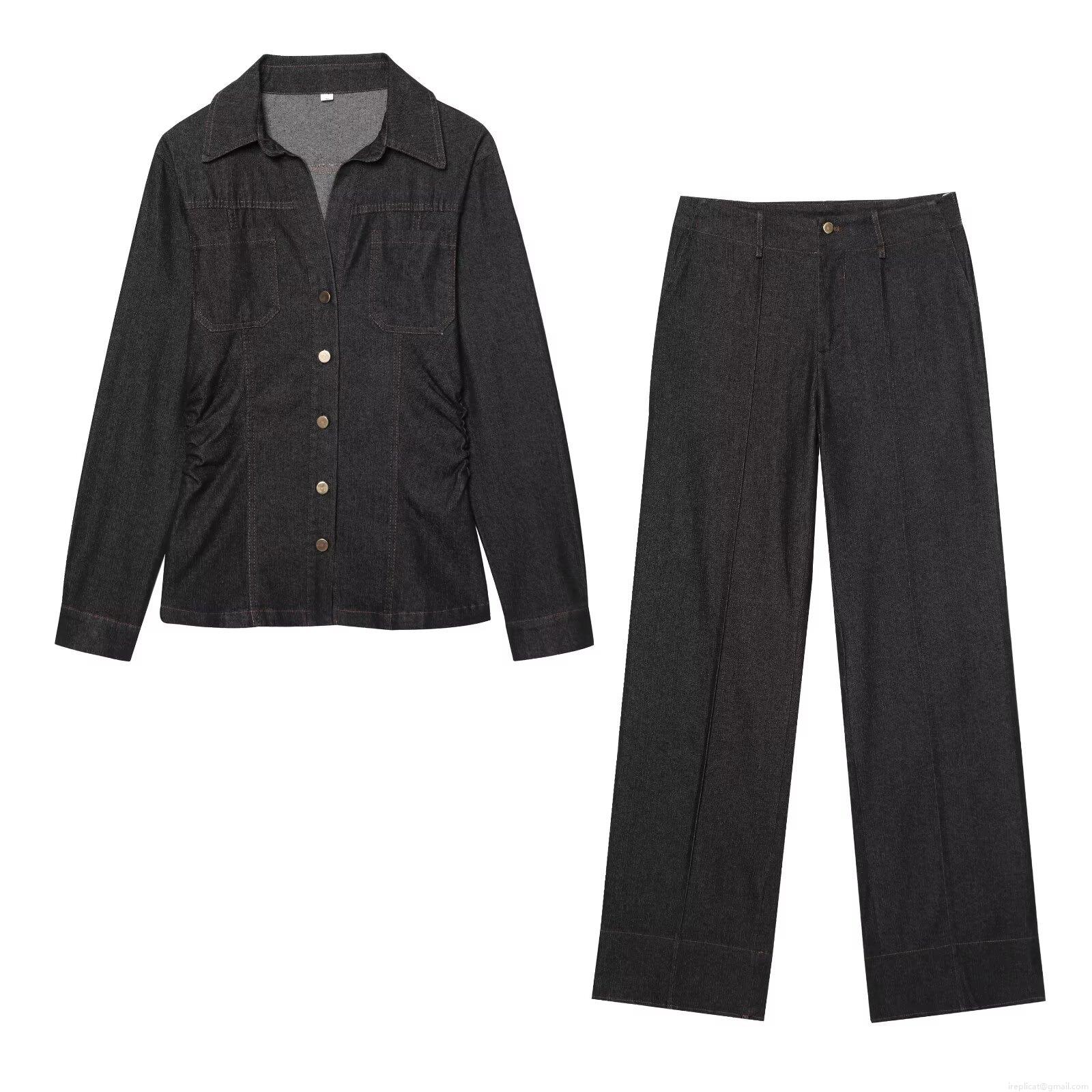 Women's Casual Denim Fabric Two-Piece Set Long Sleeve Button Up Shirt with Flared Wide Leg Pants Solid Color Streetwear Outfit Women's Casual Denim Fabric Two-Piece Set Long Sleeve Button Up Shirt with Flared Wide Leg Pants Solid Color Streetwear Outfit