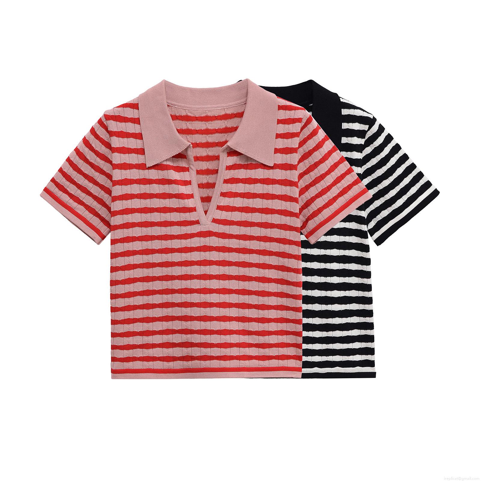 Women Stripe Knitted Polo Short Sleeve Top and Flare Pants Two Piece Set Casual Streetwear Ribbed Cotton Blend Outfits High Waist Trousers Women Stripe Knitted Polo Short Sleeve Top and Flare Pants Two Piece Set Casual Streetwear Ribbed Cotton Blend Outfits High Waist Trousers