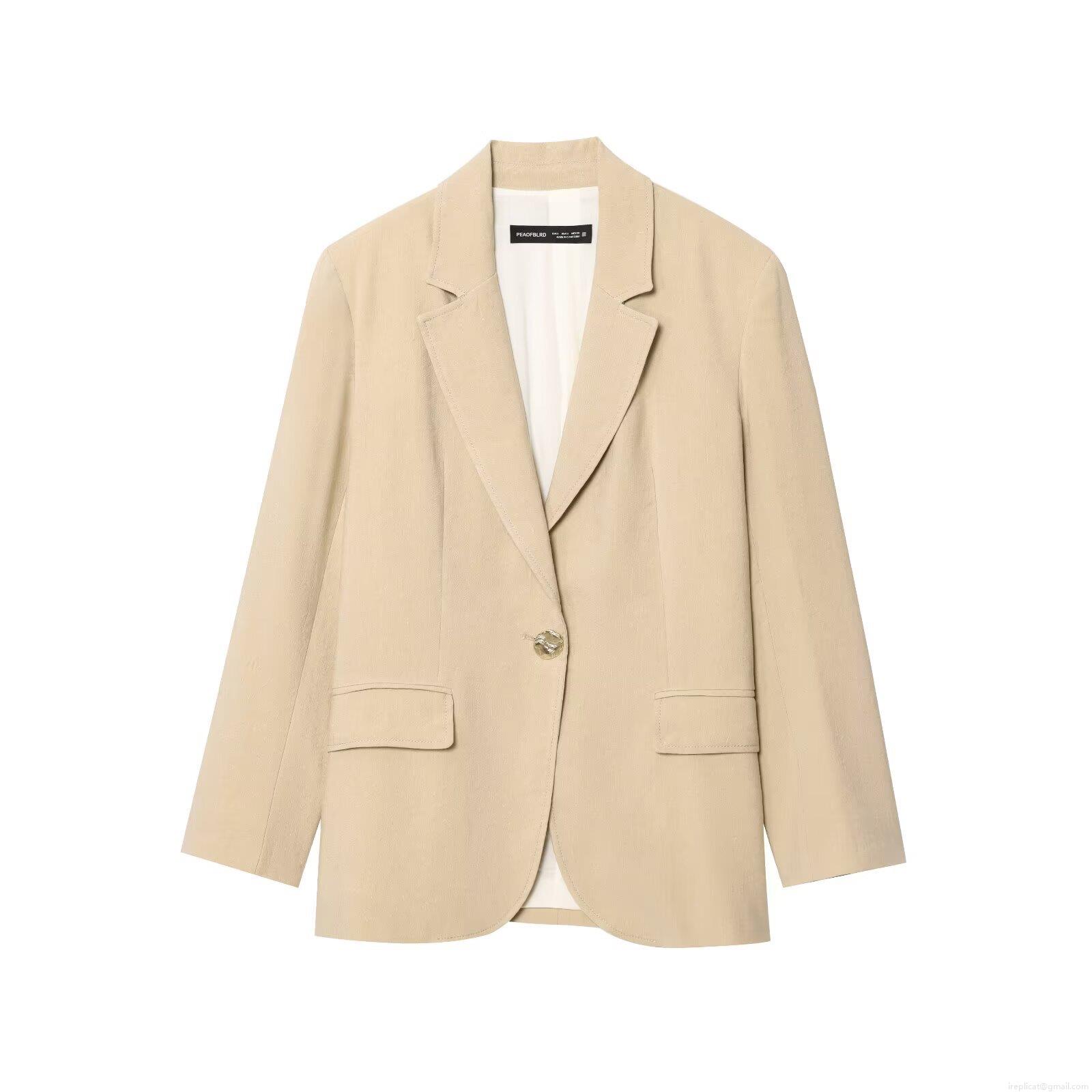 Women\'s Casual Cotton Linen Blend Suit Set Single Breasted Long Sleeve Blazer And High Waist Wide Leg Trousers Two Piece Commuter Outfit