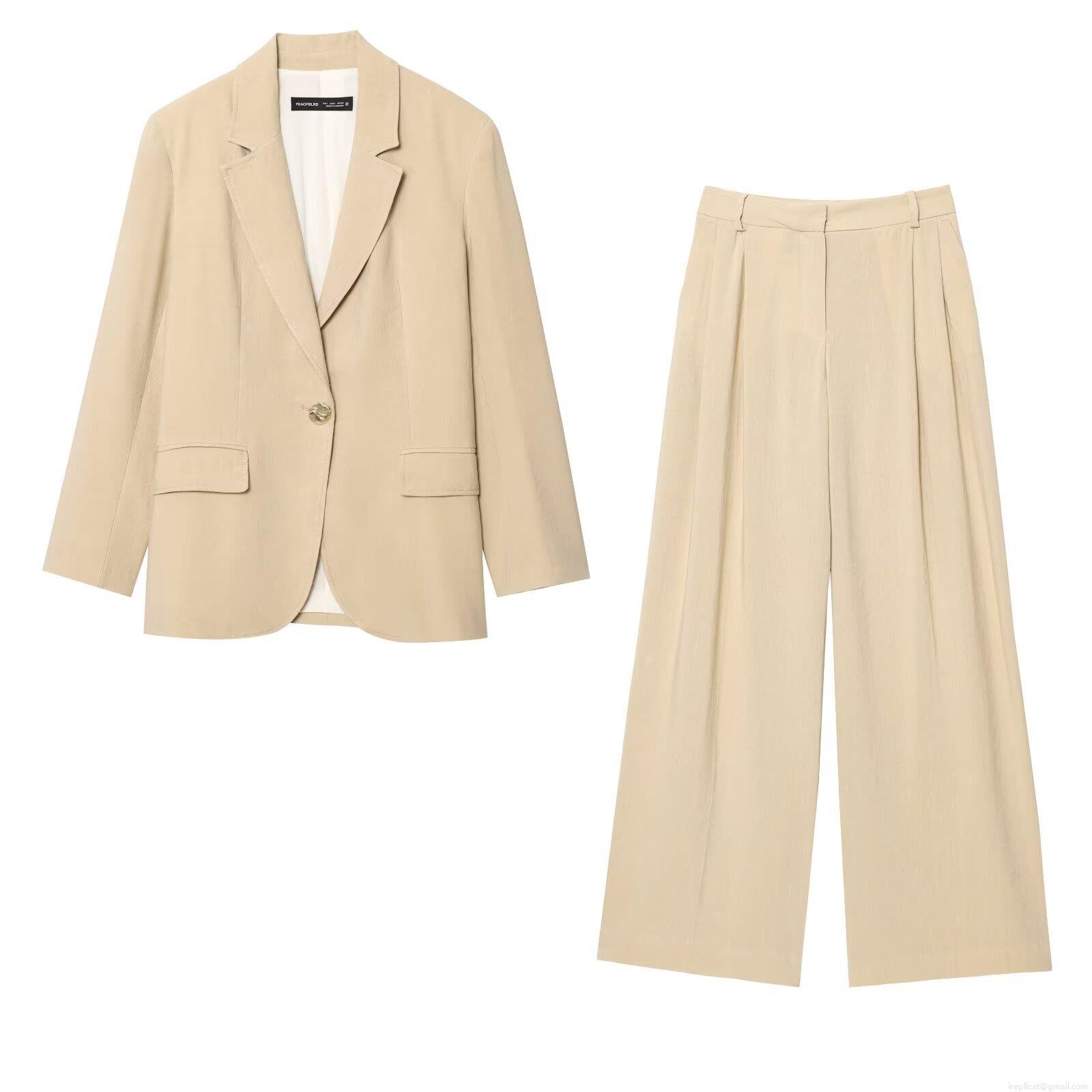 Women\'s Casual Cotton Linen Blend Suit Set Single Breasted Long Sleeve Blazer And High Waist Wide Leg Trousers Two Piece Commuter Outfit