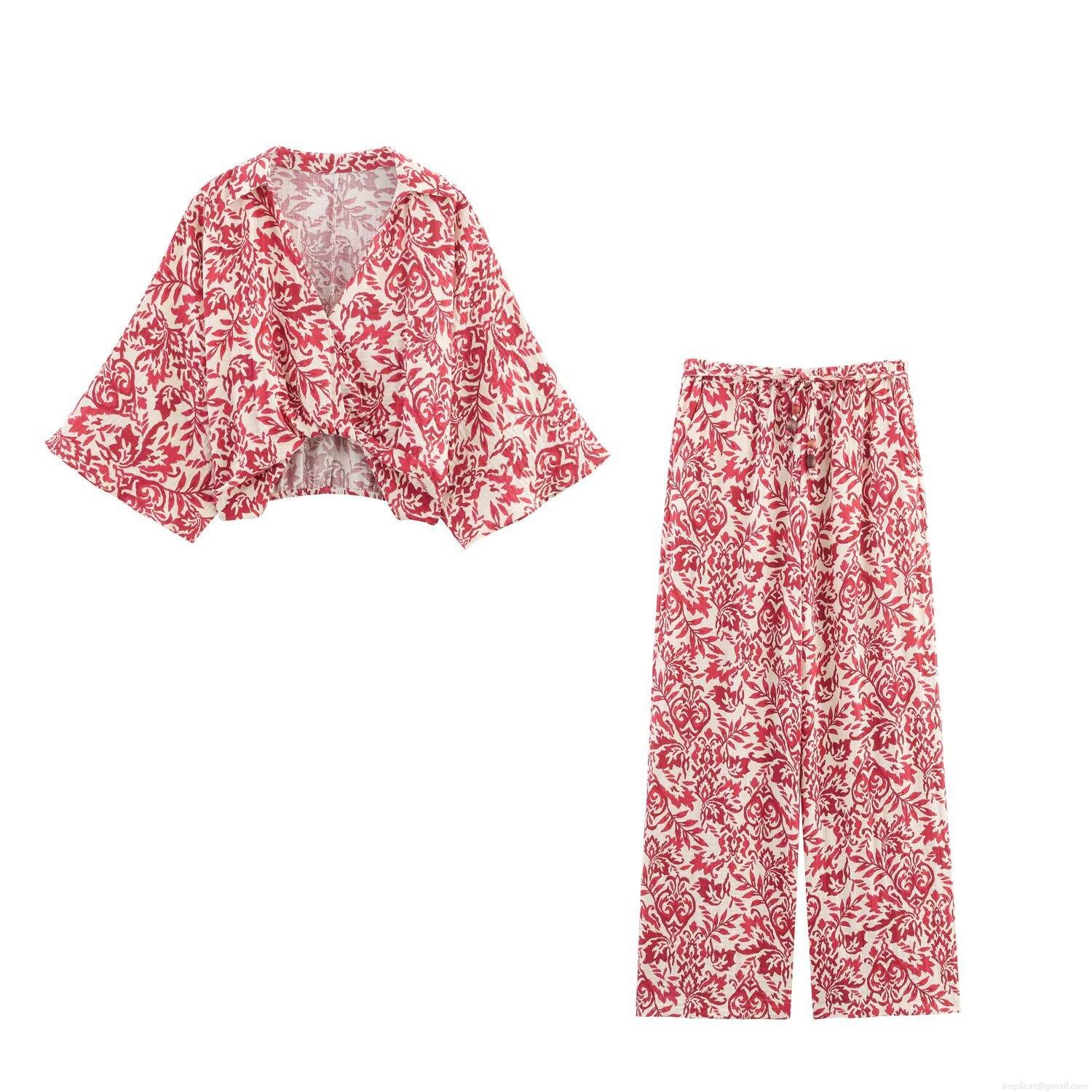 Women's 2-Piece Vacation Outfit Set Floral Print V-Neck Flared Sleeve Top and Wide Leg Pants With Wooden Beads Bohemian Summer Beachwear Women's 2-Piece Vacation Outfit Set Floral Print V-Neck Flared Sleeve Top and Wide Leg Pants With Wooden Beads Bohemian Summer Beachwear