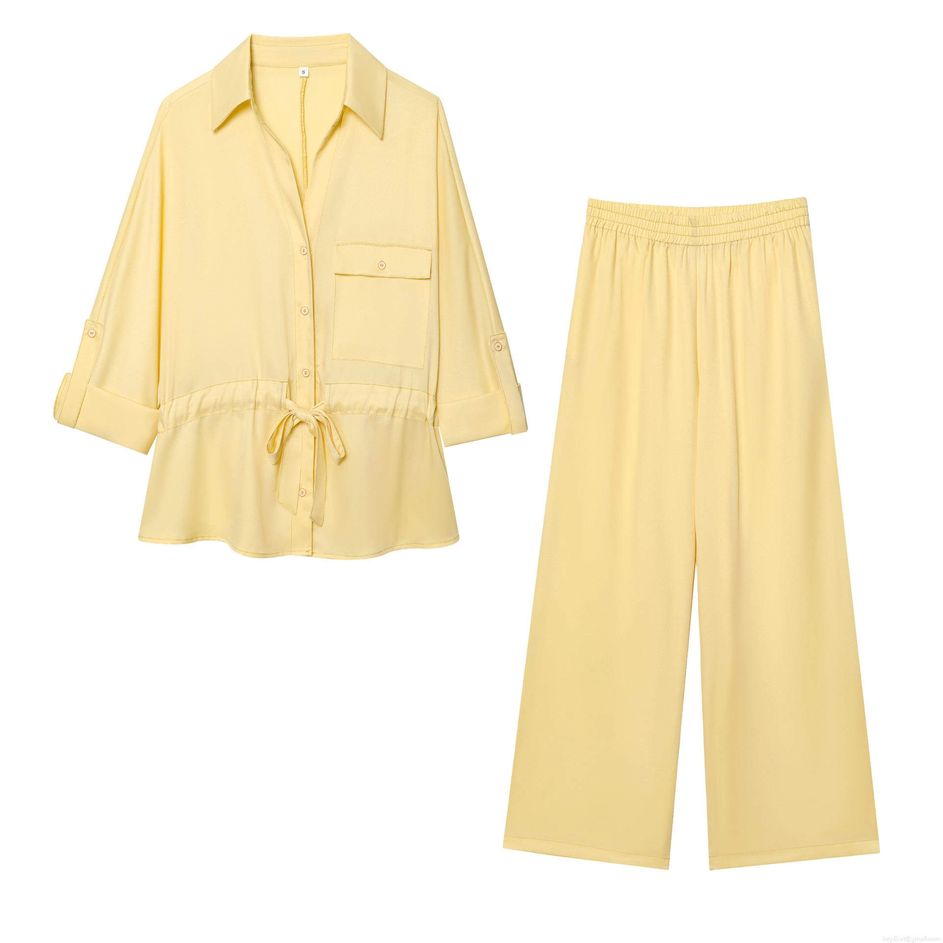 Women's Casual Two Piece Set Polyester Lapel Button Down Shirt And High Waist Wide Leg Pants Pale Yellow Streetwear Lounge Set For Ladies Women's Casual Two Piece Set Polyester Lapel Button Down Shirt And High Waist Wide Leg Pants Pale Yellow Streetwear Lounge Set For Ladies