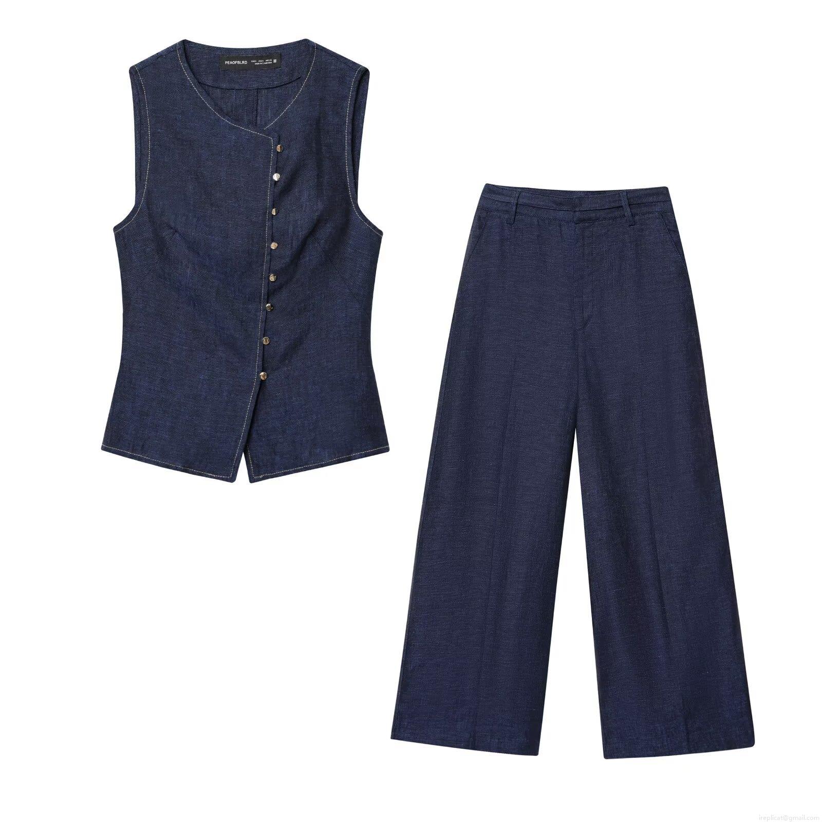 Women's Casual Dark Blue Denim Texture Vest and Wide Leg Pants Set Single Breasted V Neck Sleeveless Waistcoat and Loose Trousers Two Piece Outfits for Streetwear Summer Spring Lady Women's Casual Dark Blue Denim Texture Vest and Wide Leg Pants Set Single Breasted V Neck Sleeveless Waistcoat and Loose Trousers Two Piece Outfits for Streetwear Summer Spring Lady