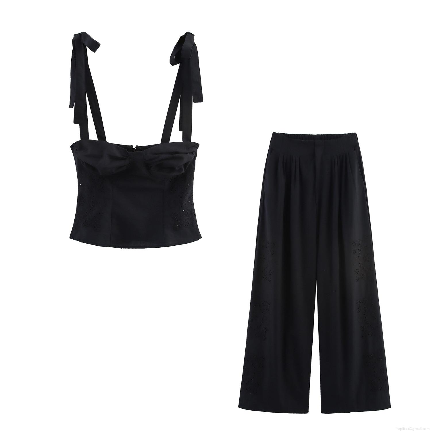 Women's Black Embroidery Eyelet Two Piece Set Bow Tie Sleeveless Crop Top And High Waist Wide Leg Pants Casual Streetwear Outfit Women's Black Embroidery Eyelet Two Piece Set Bow Tie Sleeveless Crop Top And High Waist Wide Leg Pants Casual Streetwear Outfit