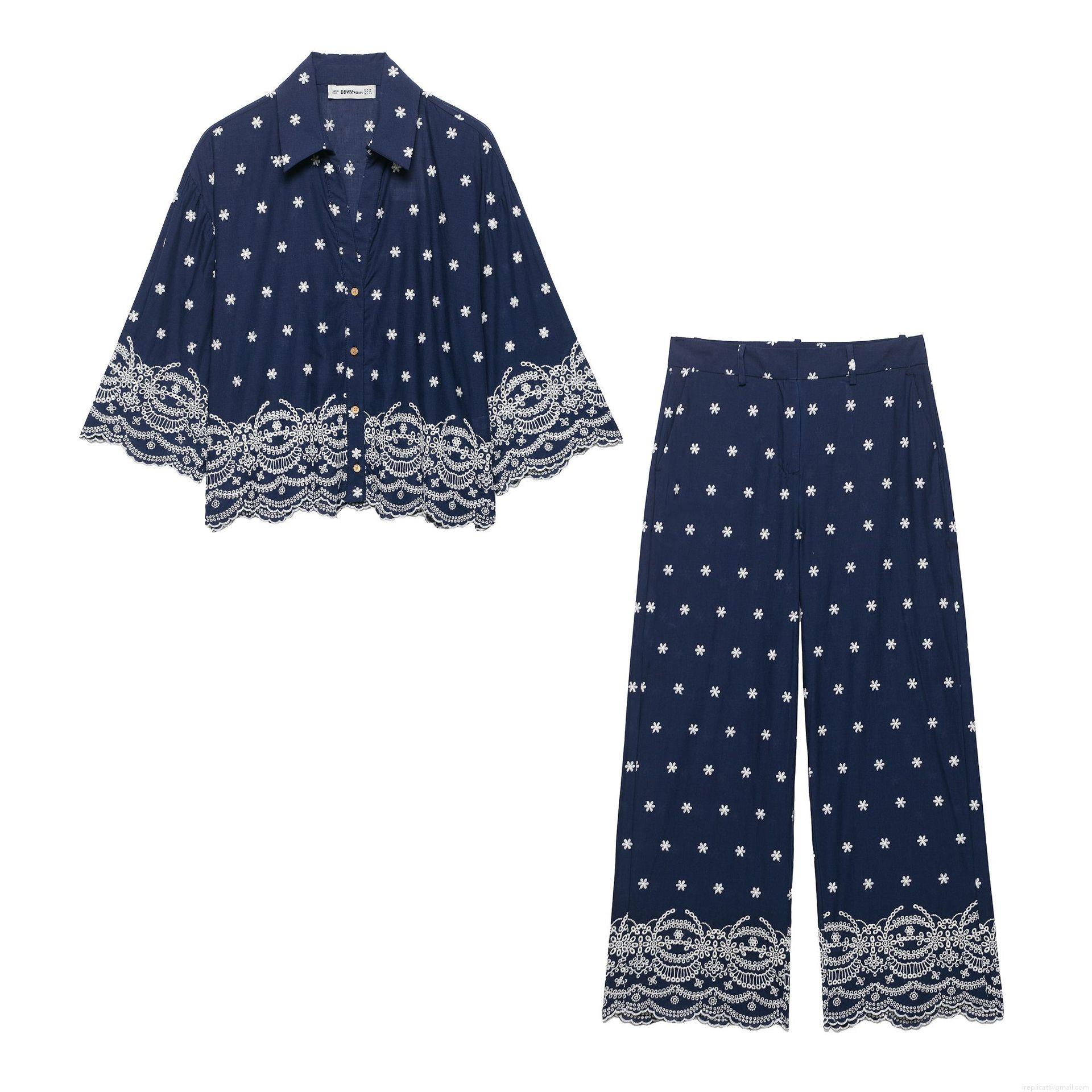 Women's Two Piece Outfits Embroidery Eyelet Lace Long Sleeve Shirt And Wide Leg Pants Set Scalloped Edge Hollow Out Casual Streetwear Navy Blue Women's Two Piece Outfits Embroidery Eyelet Lace Long Sleeve Shirt And Wide Leg Pants Set Scalloped Edge Hollow Out Casual Streetwear Navy Blue