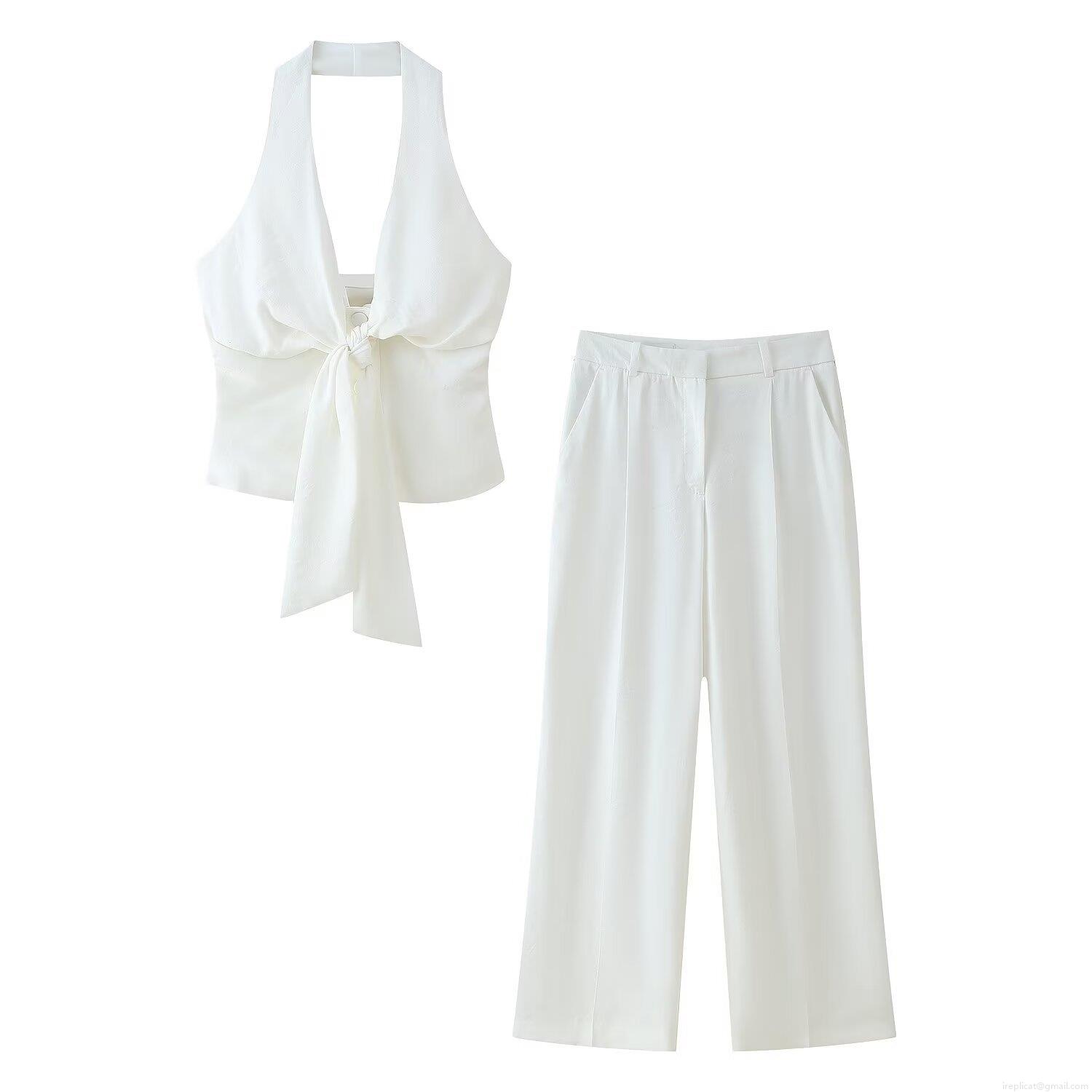 Women's Two Piece Set Sexy Halter Knotted Crop Top And High Waist Pleated Wide Leg Pants Solid White Polyester Casual Streetwear Suit Women's Two Piece Set Sexy Halter Knotted Crop Top And High Waist Pleated Wide Leg Pants Solid White Polyester Casual Streetwear Suit
