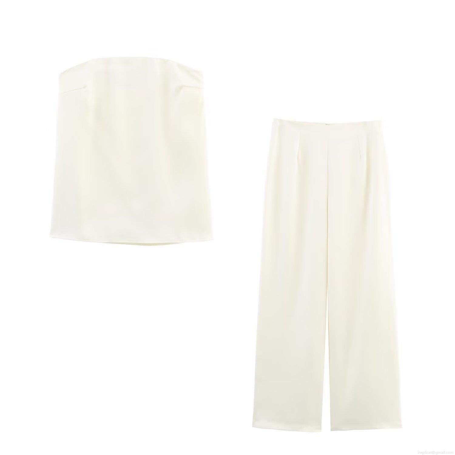 Women's Sexy Strapless Tube Top And High Waist Wide Leg Pants Two Piece Set Elegant Satin Polyester Outfits For Party Streetwear Clubwear Women's Sexy Strapless Tube Top And High Waist Wide Leg Pants Two Piece Set Elegant Satin Polyester Outfits For Party Streetwear Clubwear