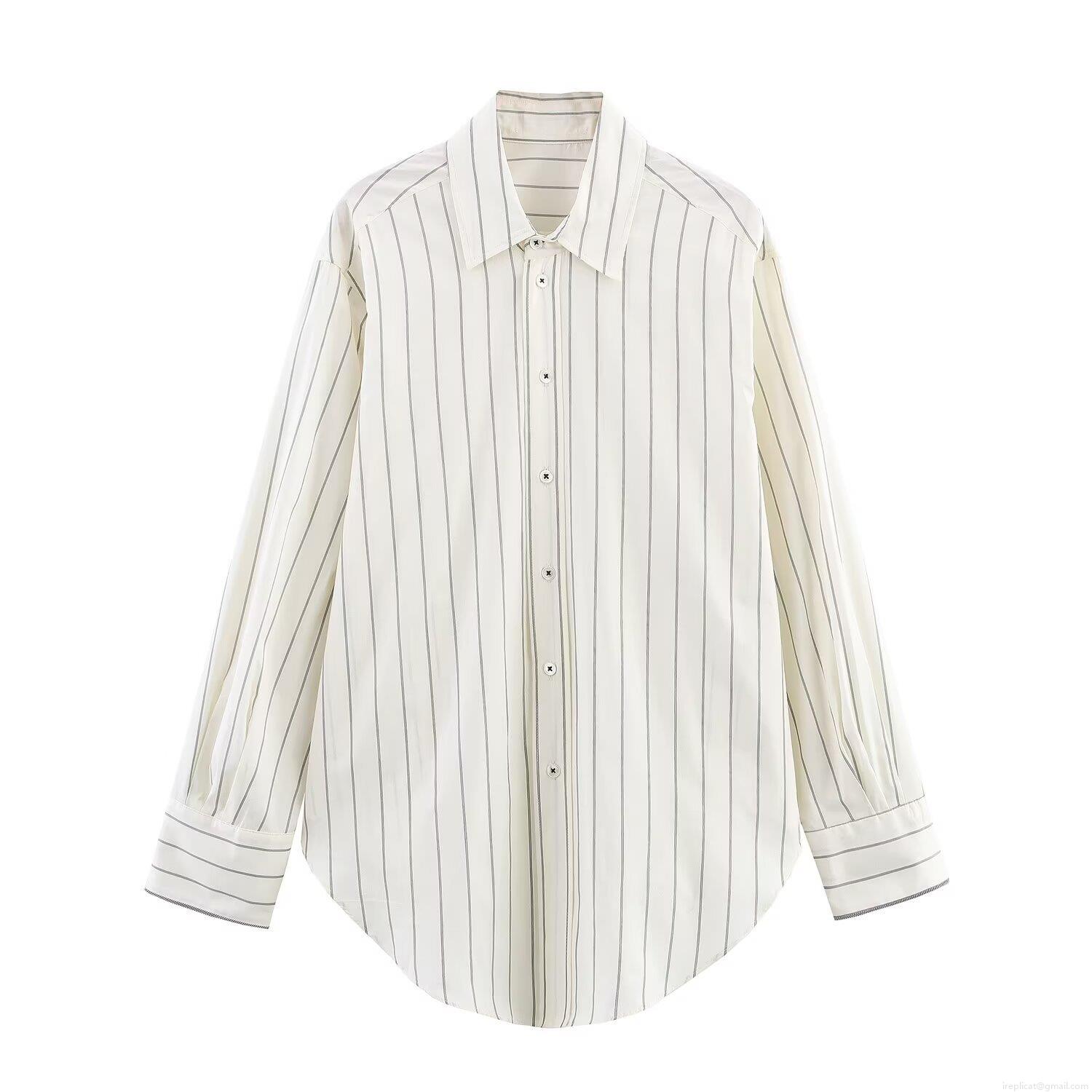 Women\'s Casual Vertical Striped Two Piece Set Polyester Loose Long Sleeve Button Down Shirt And Wide Leg Drawstring Pants Lounge Streetwear