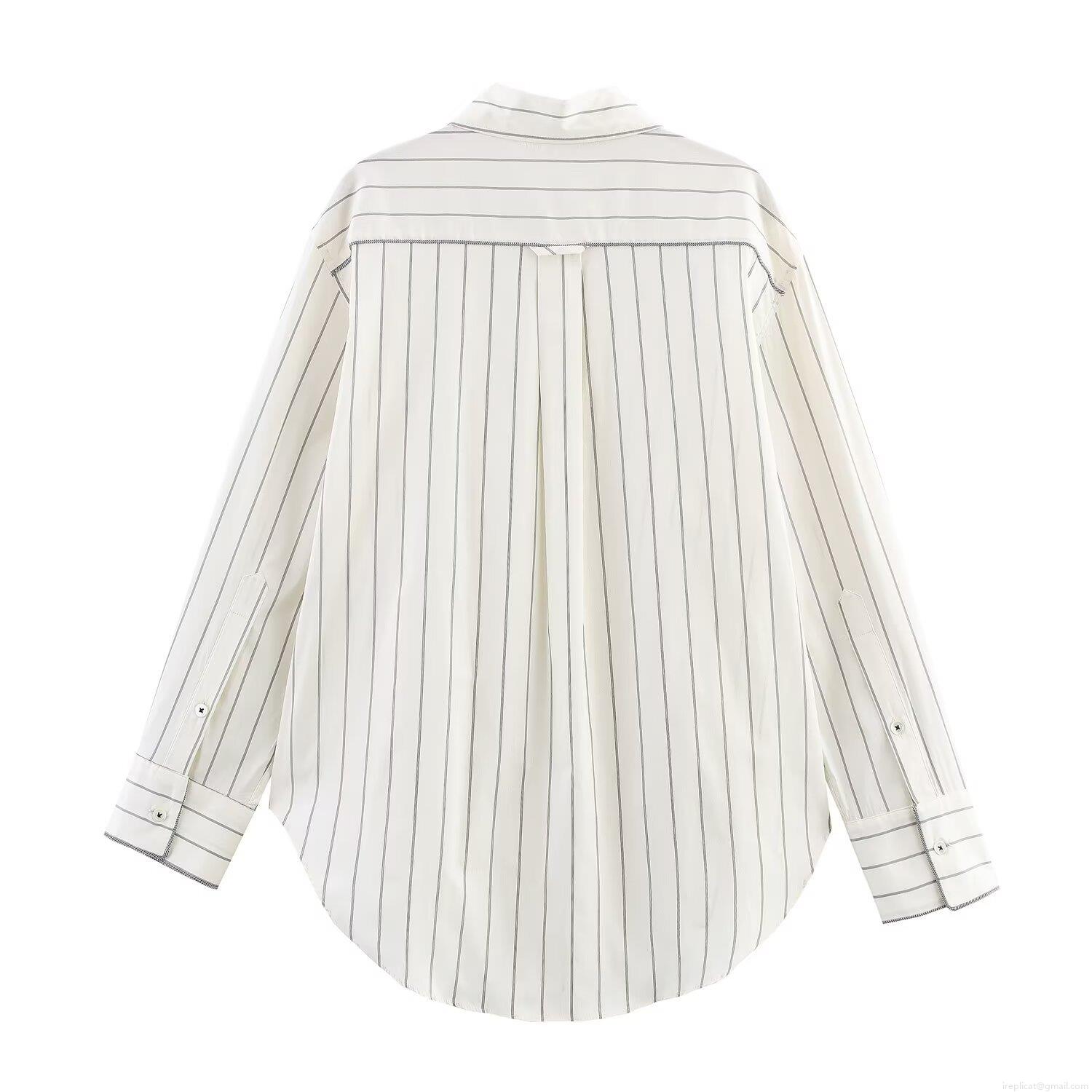 Women\'s Casual Vertical Striped Two Piece Set Polyester Loose Long Sleeve Button Down Shirt And Wide Leg Drawstring Pants Lounge Streetwear