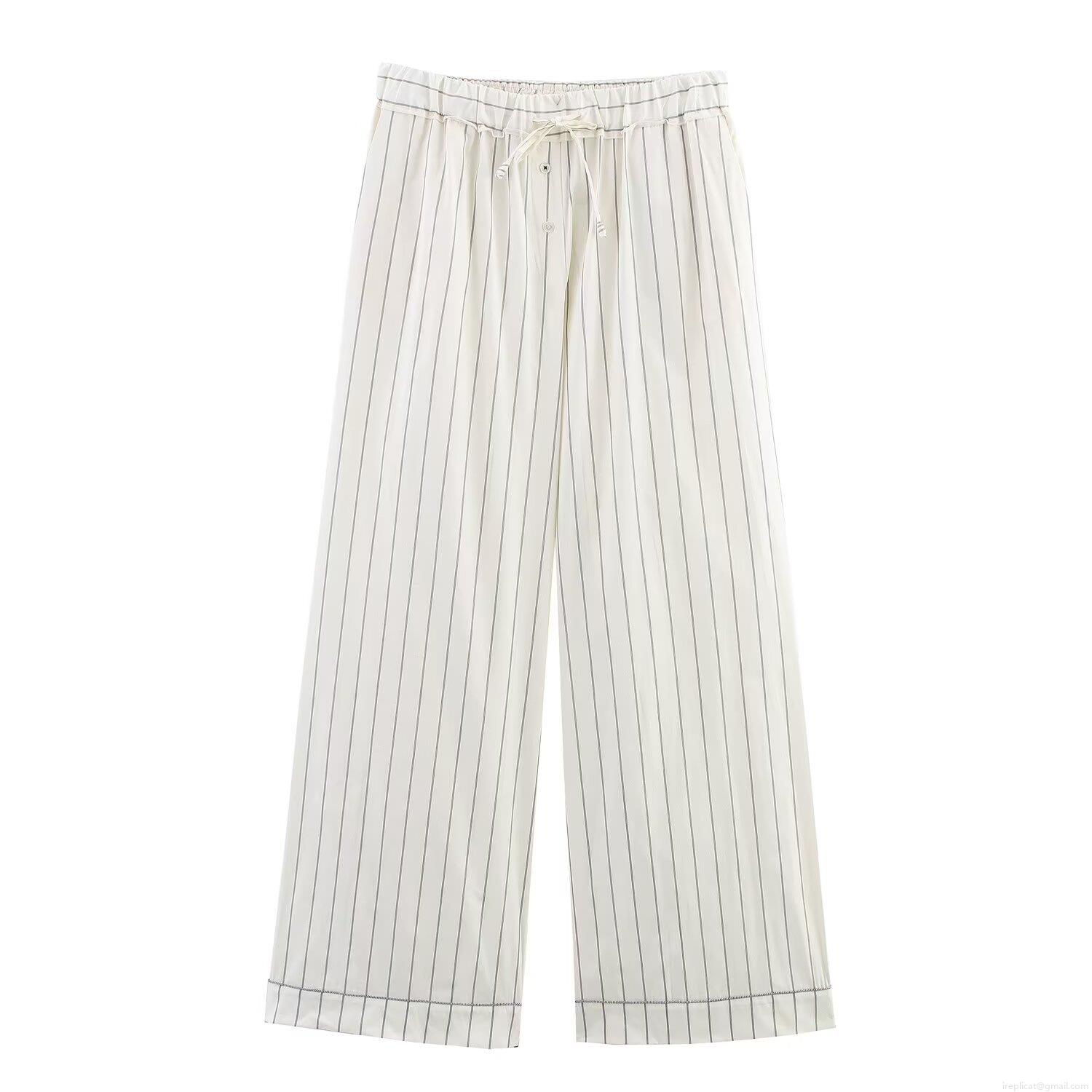 Women\'s Casual Vertical Striped Two Piece Set Polyester Loose Long Sleeve Button Down Shirt And Wide Leg Drawstring Pants Lounge Streetwear