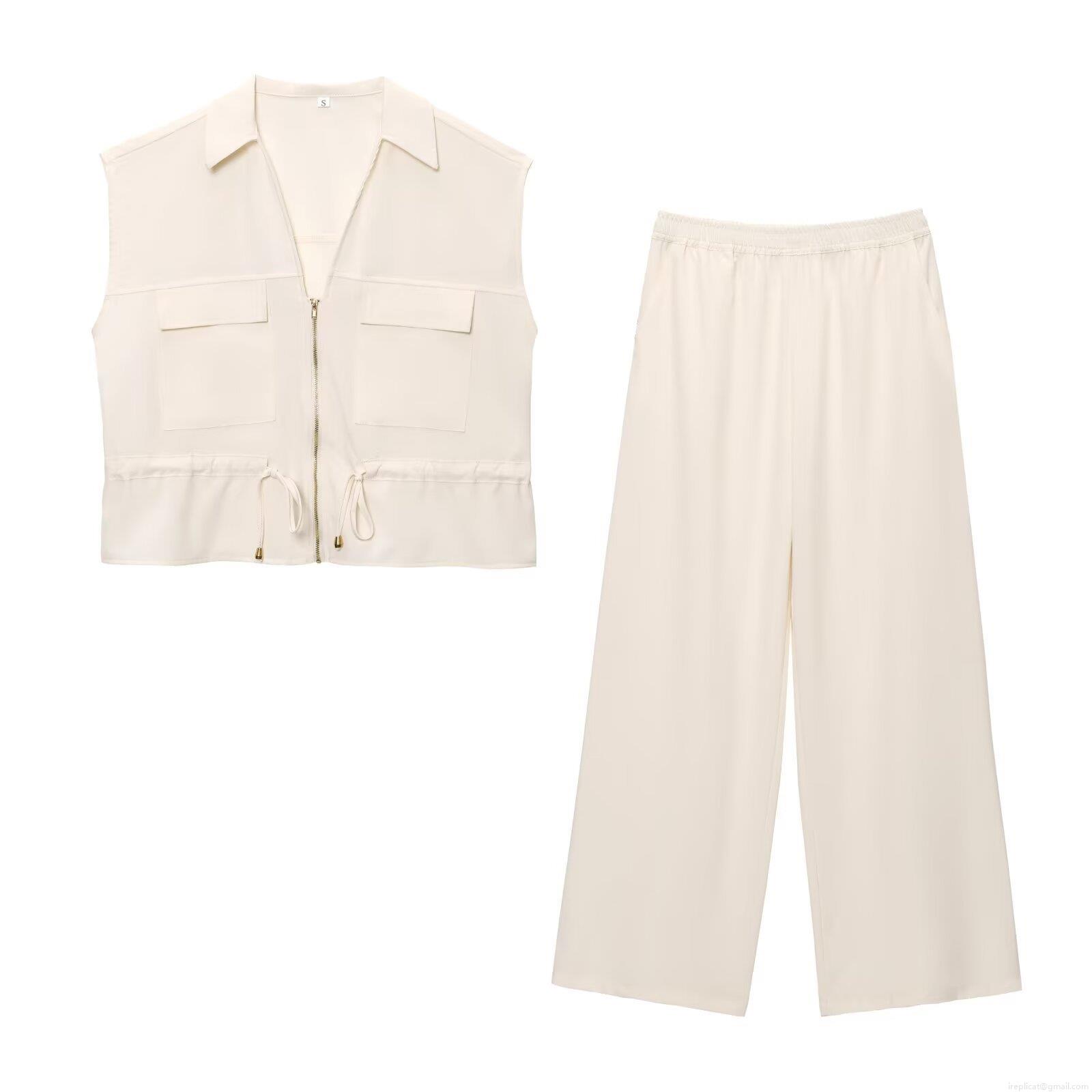 Women's Two Piece Pants Set Polyester Safari Style Zipper Up Stand Collar Vest And Drawstring Waist Wide Leg Trousers Casual Streetwear Outfits Women's Two Piece Pants Set Polyester Safari Style Zipper Up Stand Collar Vest And Drawstring Waist Wide Leg Trousers Casual Streetwear Outfits