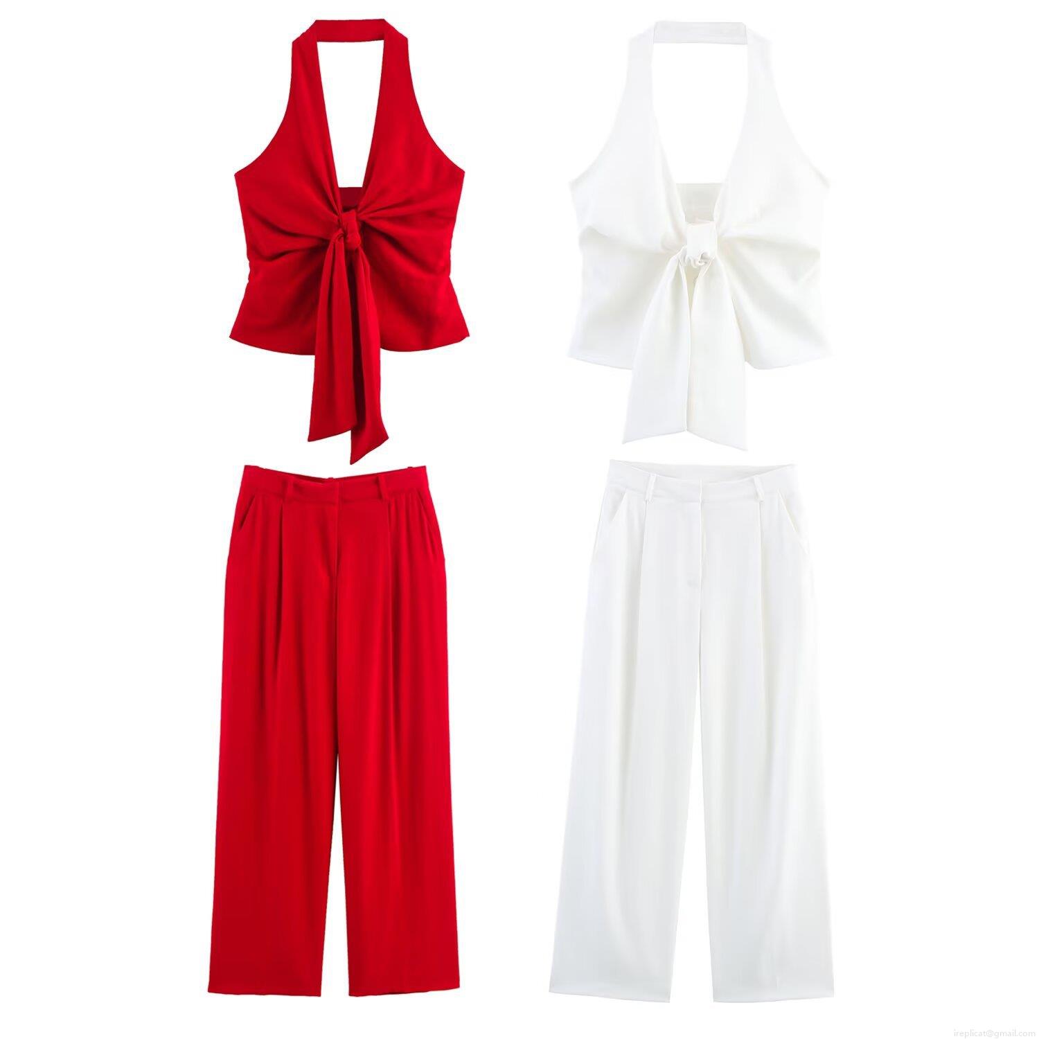 Women's Fashion Two Piece Set Halter Bow Tie Crop Top And High Waist Pleated Wide Leg Pants Polyester Elegant Streetwear Casual Suit For Party Women's Fashion Two Piece Set Halter Bow Tie Crop Top And High Waist Pleated Wide Leg Pants Polyester Elegant Streetwear Casual Suit For Party
