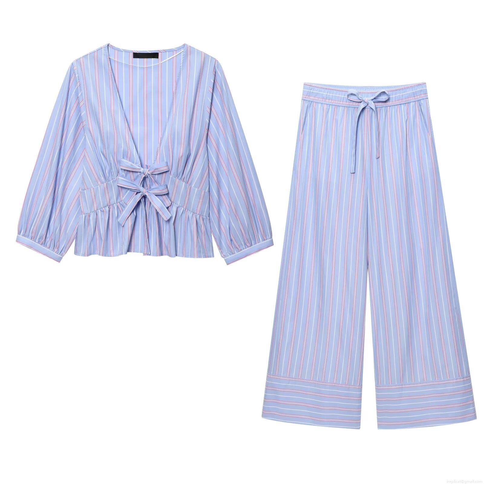 Women's Striped Two Piece Set V Neck Long Sleeve Bow Tie Shirt Ruffle Hem Top and High Waist Wide Leg Pants Set Polyester Cotton Blend Casual Summer Beach Outfit Women's Striped Two Piece Set V Neck Long Sleeve Bow Tie Shirt Ruffle Hem Top and High Waist Wide Leg Pants Set Polyester Cotton Blend Casual Summer Beach Outfit