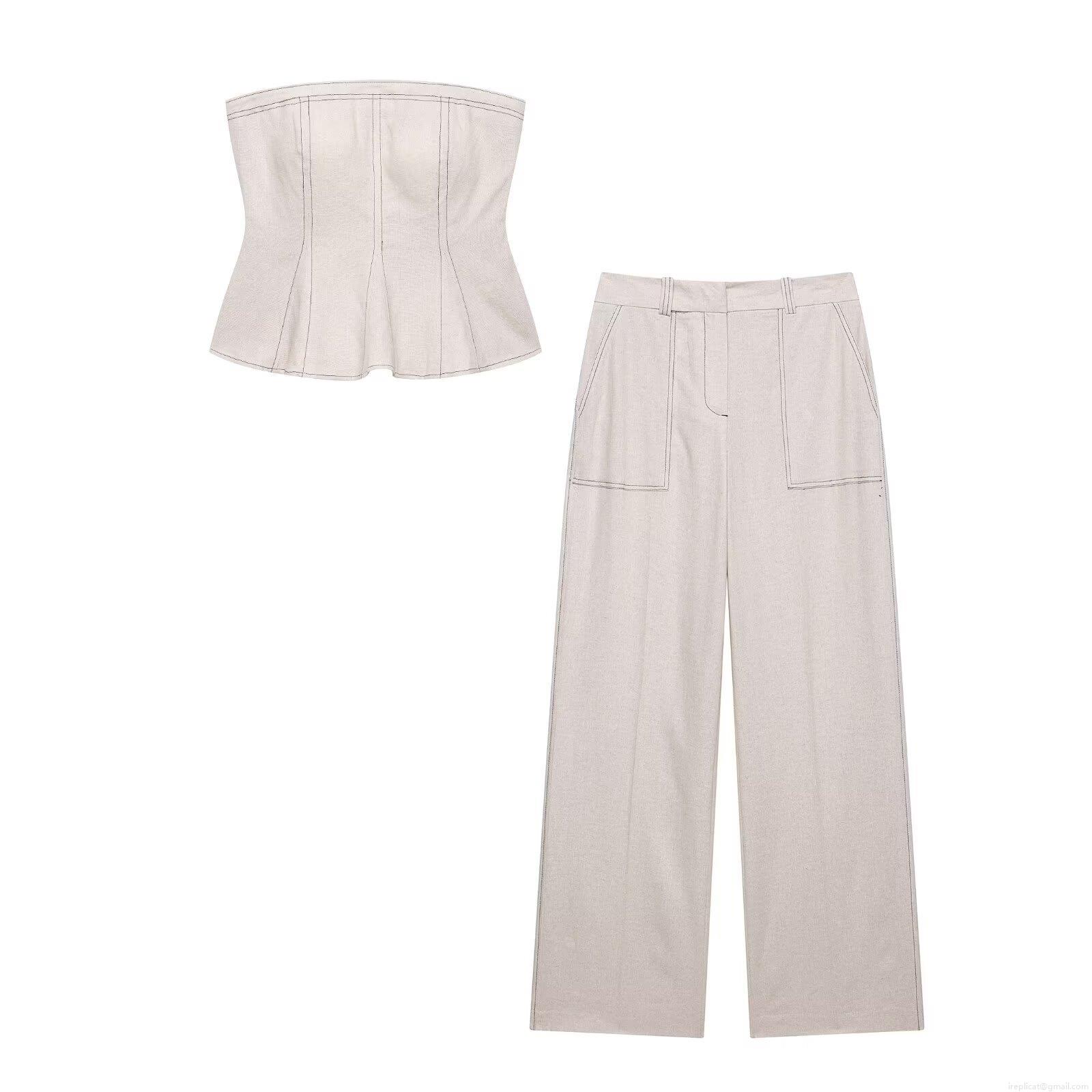 Women Contrast Stitching Linen Blend Two Piece Set Sleeveless Peplum Tube Top And High Waist Wide Leg Pants Street Casual Outfits For Women Women Contrast Stitching Linen Blend Two Piece Set Sleeveless Peplum Tube Top And High Waist Wide Leg Pants Street Casual Outfits For Women