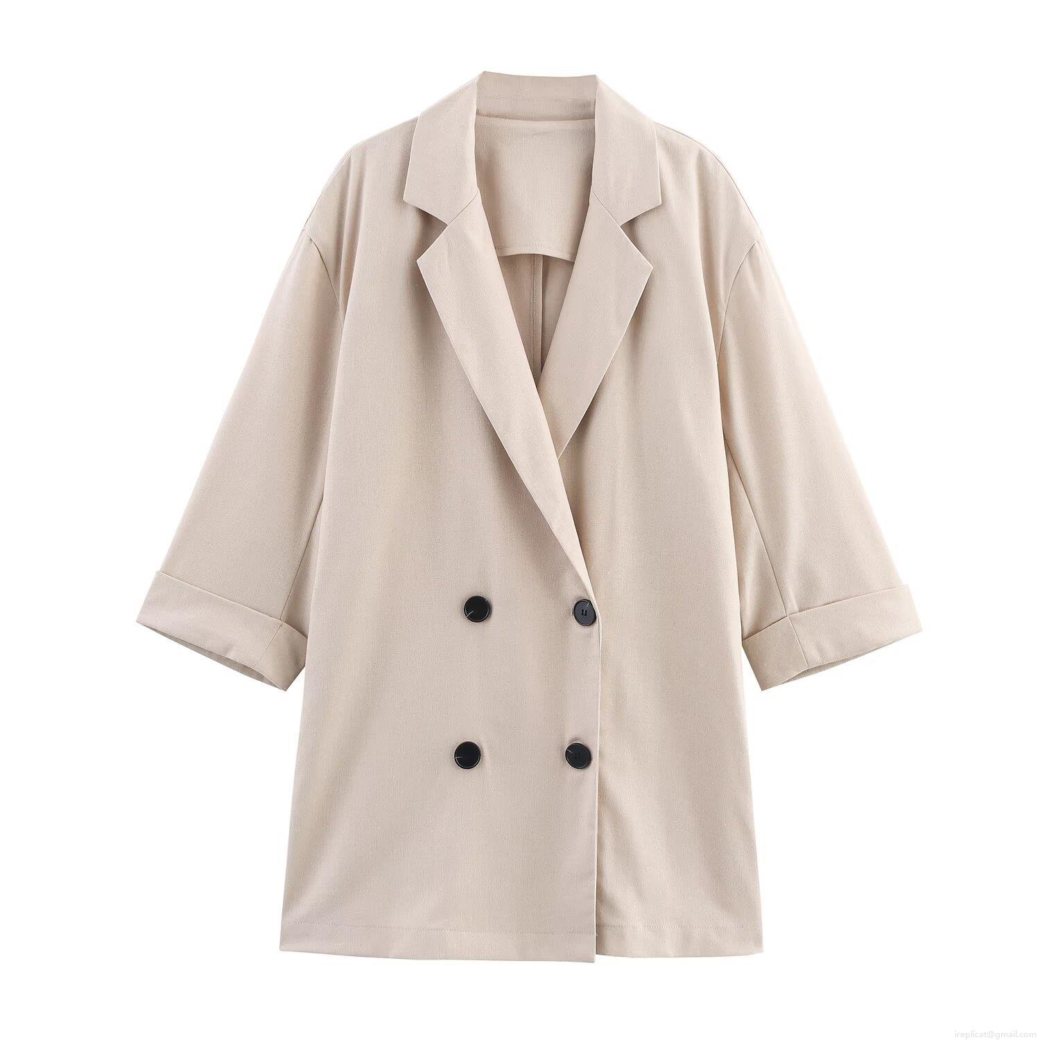 Women's Double Breasted Blazer And Wide Leg Pants Set Solid Color Linen-Look Polyester Blend 2 Piece Outfits For Office Streetwear Casual Suits Women's Double Breasted Blazer And Wide Leg Pants Set Solid Color Linen-Look Polyester Blend 2 Piece Outfits For Office Streetwear Casual Suits