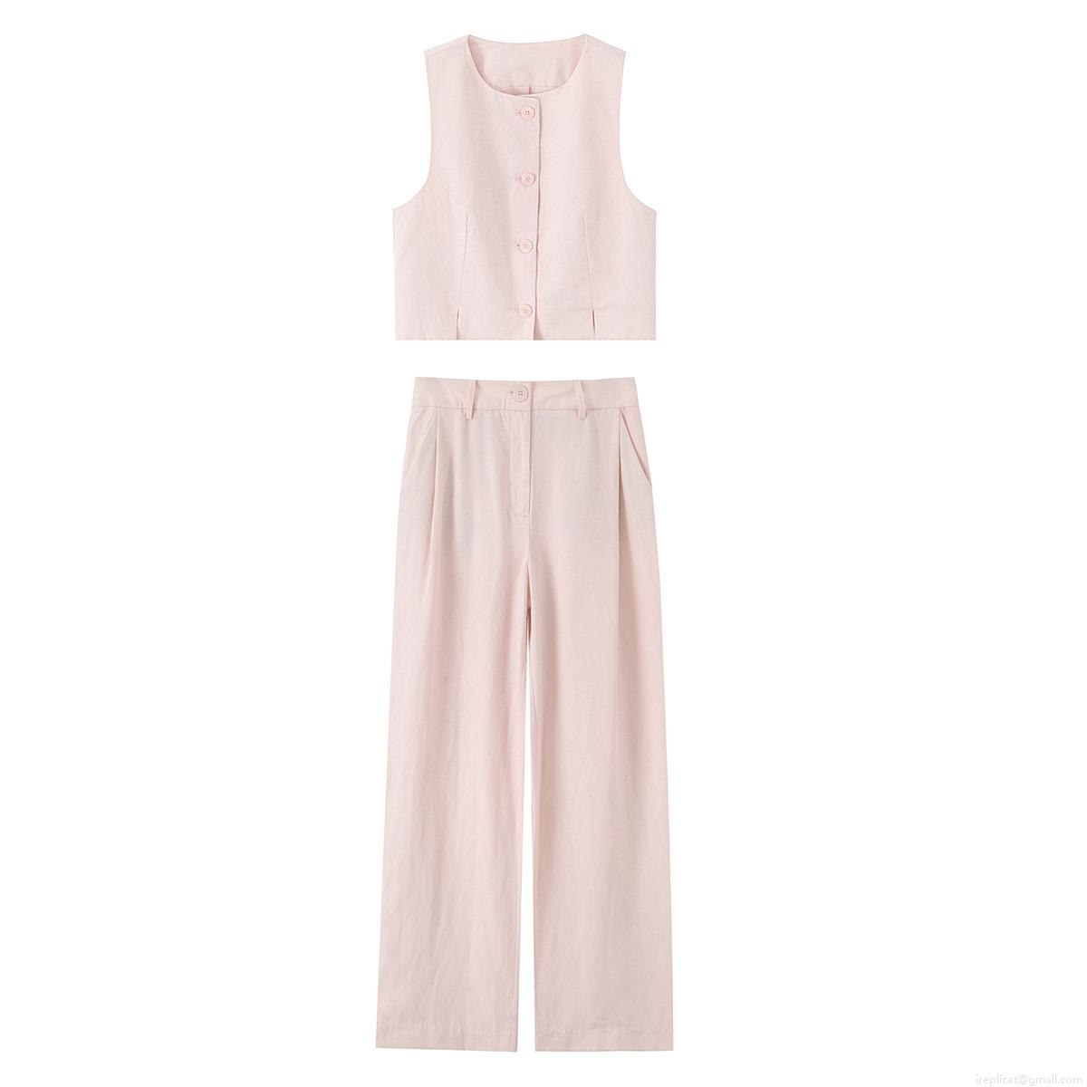 Women's 2 Piece Summer Outfit Pink Sleeveless Button Down Vest Top and High Waist Wide Leg Long Pants Set Casual Streetwear Cotton Linen Feel Polyester Outfits Women's 2 Piece Summer Outfit Pink Sleeveless Button Down Vest Top and High Waist Wide Leg Long Pants Set Casual Streetwear Cotton Linen Feel Polyester Outfits