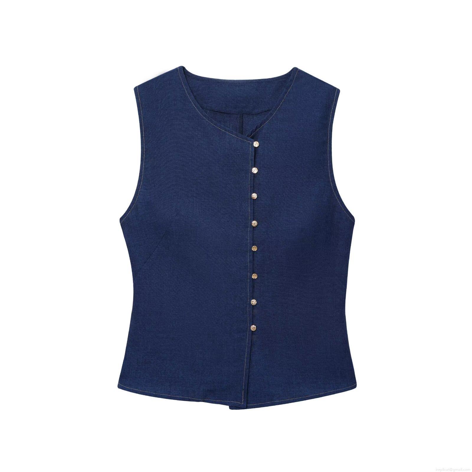 Women's Elegant Deep Blue Two Piece Set Linen Texture Sleeveless Vest Top With Gold Buttons And Wide Leg Pants Casual Comfortable Summer Outfits Women's Elegant Deep Blue Two Piece Set Linen Texture Sleeveless Vest Top With Gold Buttons And Wide Leg Pants Casual Comfortable Summer Outfits