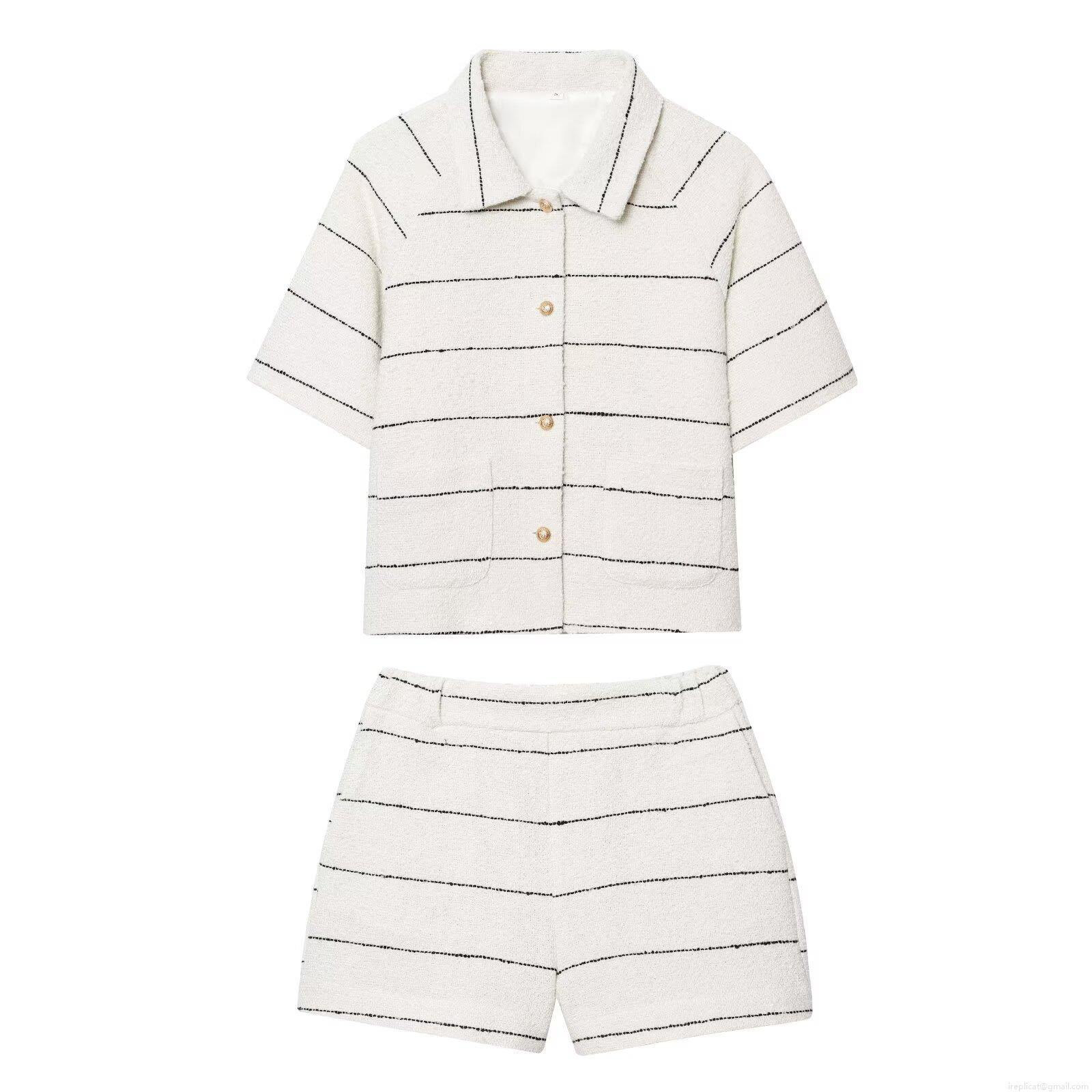 Women's Two Piece Set Elegant Striped Tweed Short Sleeve Blazer Jacket and Shorts Set With Gold Buttons Elegant Office Lady Outfit White Black Suit Women's Two Piece Set Elegant Striped Tweed Short Sleeve Blazer Jacket and Shorts Set With Gold Buttons Elegant Office Lady Outfit White Black Suit