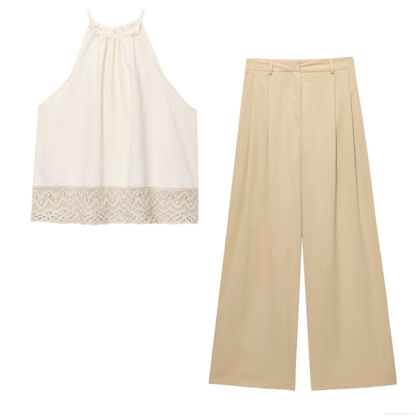 Women's Two Piece Set Lace Hem Halter Sleeveless Top And High Waist Pleated Wide Leg Pants Polyester Linen Blend Casual Summer Vacation Beach Holiday Outfit Women's Two Piece Set Lace Hem Halter Sleeveless Top And High Waist Pleated Wide Leg Pants Polyester Linen Blend Casual Summer Vacation Beach Holiday Outfit