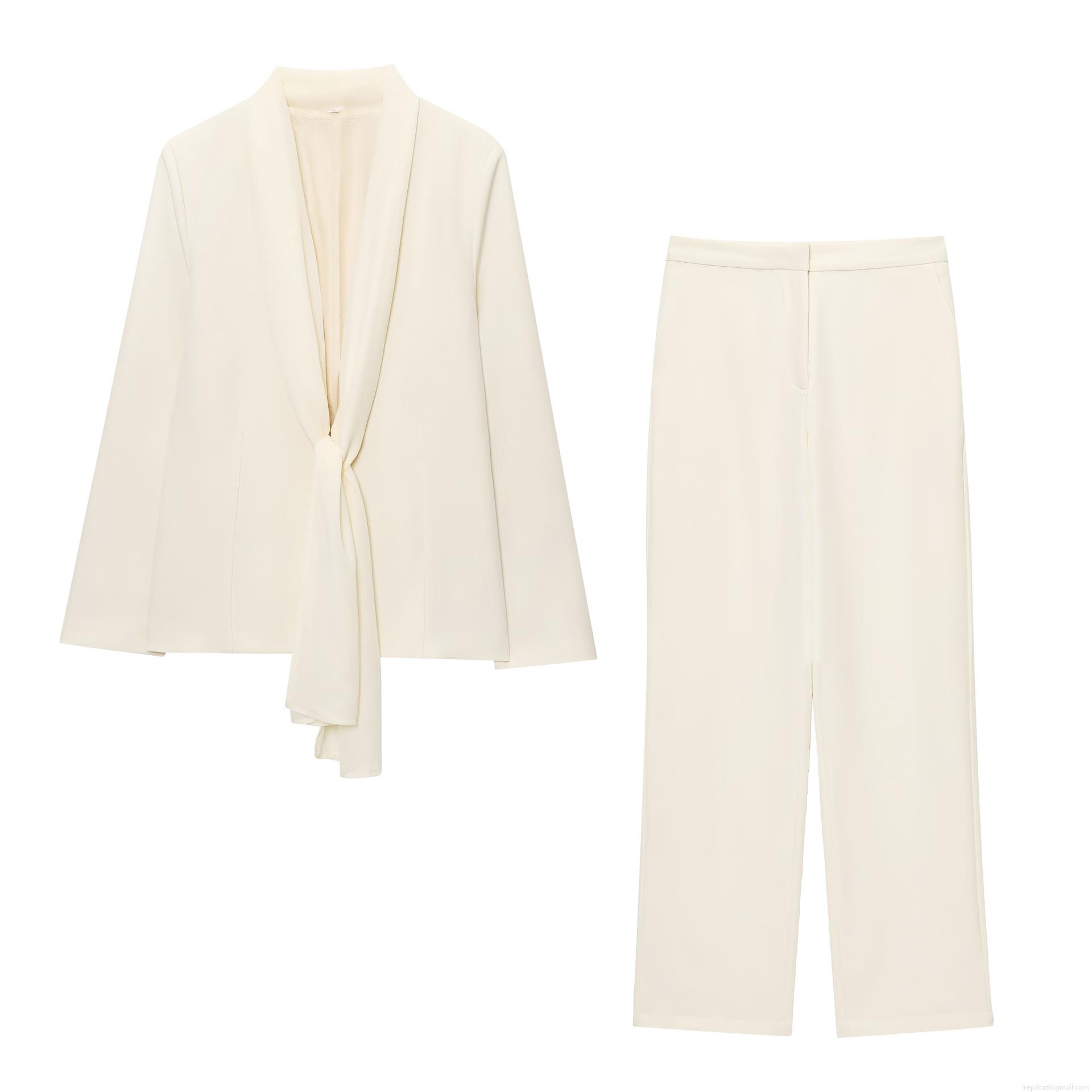 Elegant Cream Women's Blazer And Straight Leg Pants Set Polyester Tie Collar Office Suit Professional Casual Two Piece Outfit Solid Color Streetwear For Women